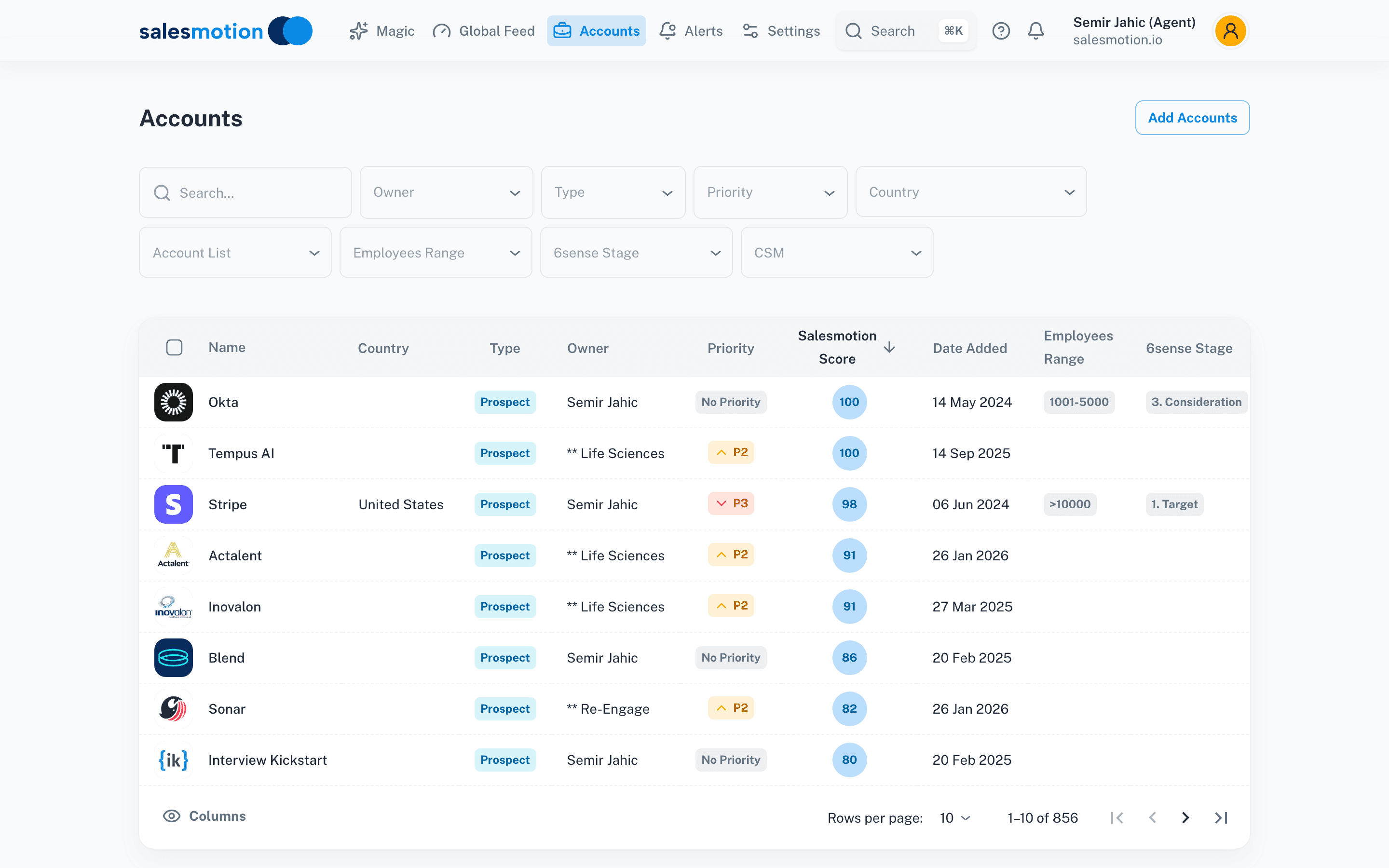 Salesmotion account dashboard showing scored accounts with signal-based prioritization