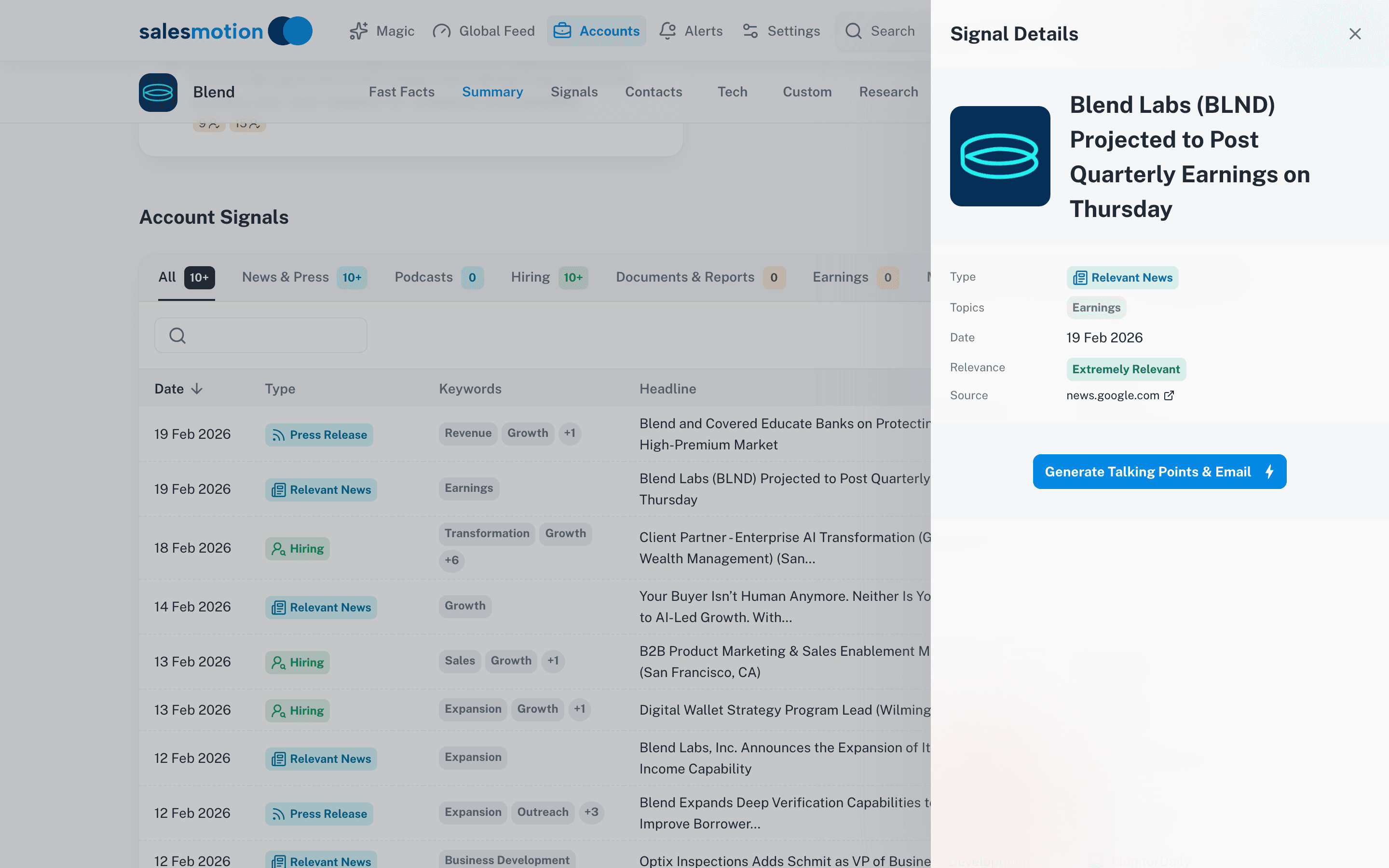 Salesmotion signals view showing earnings calls, hiring signals, and strategic initiatives filtered for an enterprise account