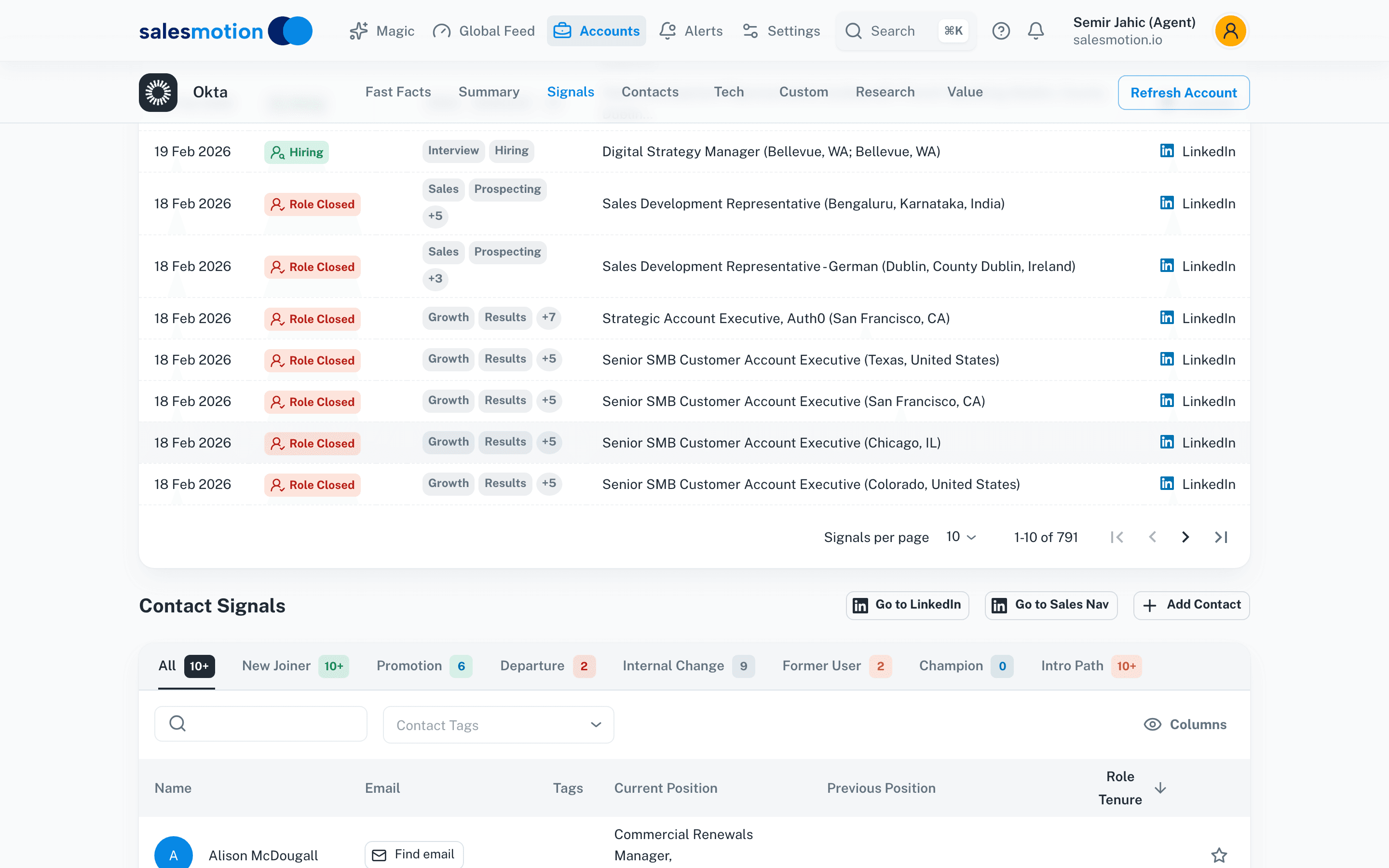 Hiring signals showing job titles, departments, and posting sources for a target account
