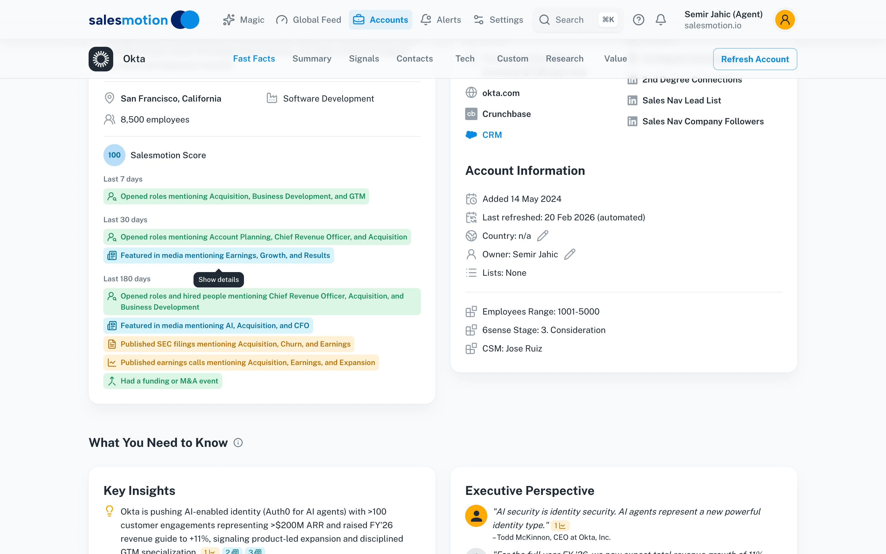 Salesmotion account brief showing key insights, executive perspective, opportunities, challenges, and talking points