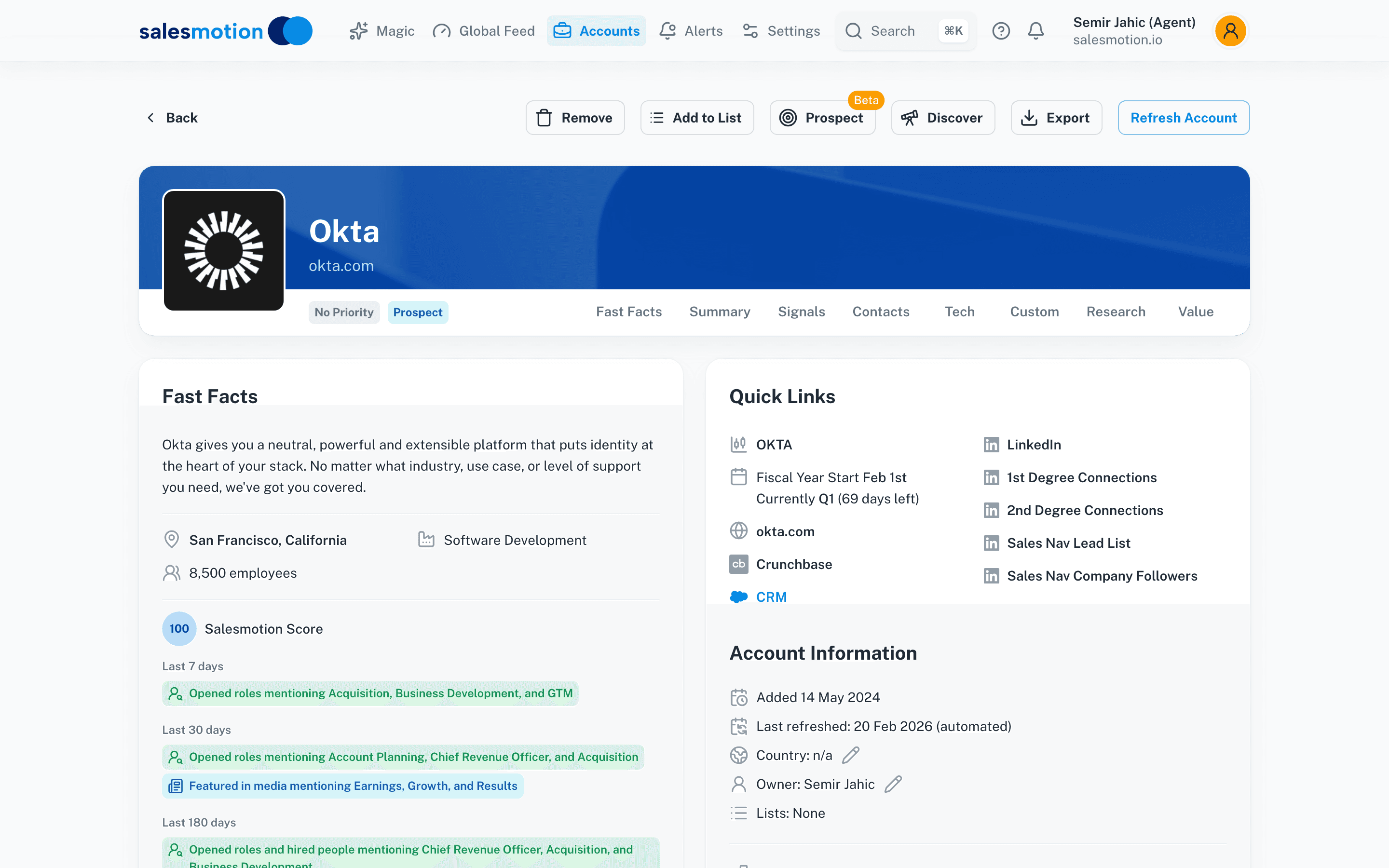 Account detail showing signal timeline, account score, and What You Need to Know section with talking points