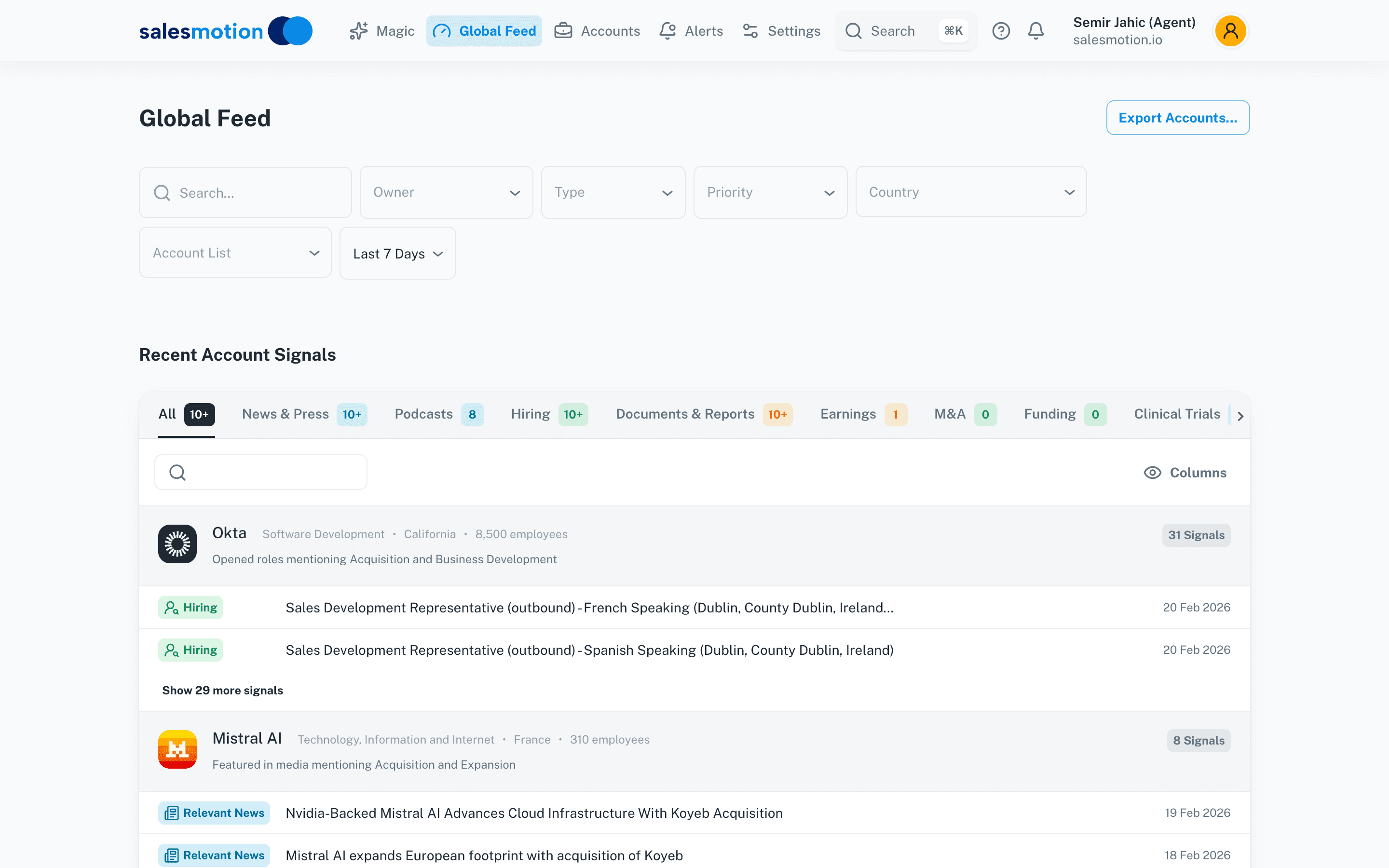 Salesmotion global feed showing real-time buying signals across monitored accounts with signal type filters
