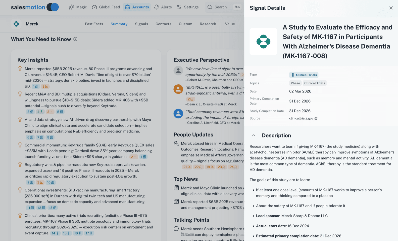 Salesmotion clinical trial monitoring showing active trials, phase status, and enrollment data for a pharmaceutical account