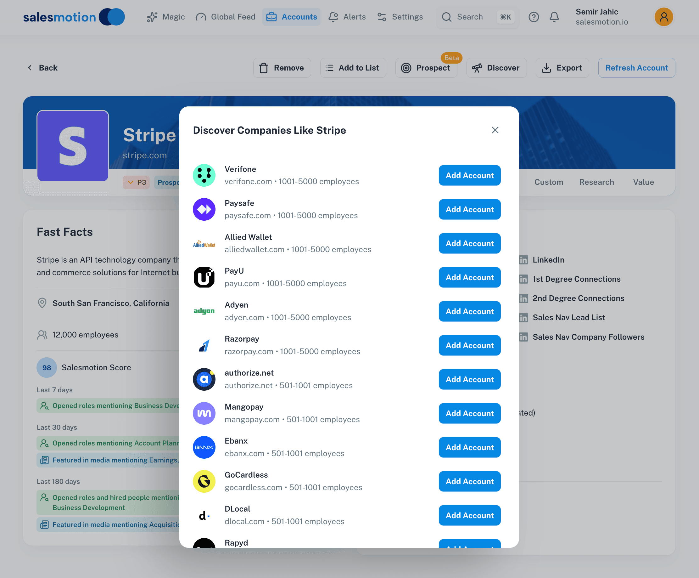 Discover Similar Companies feature showing expansion opportunities based on account characteristics