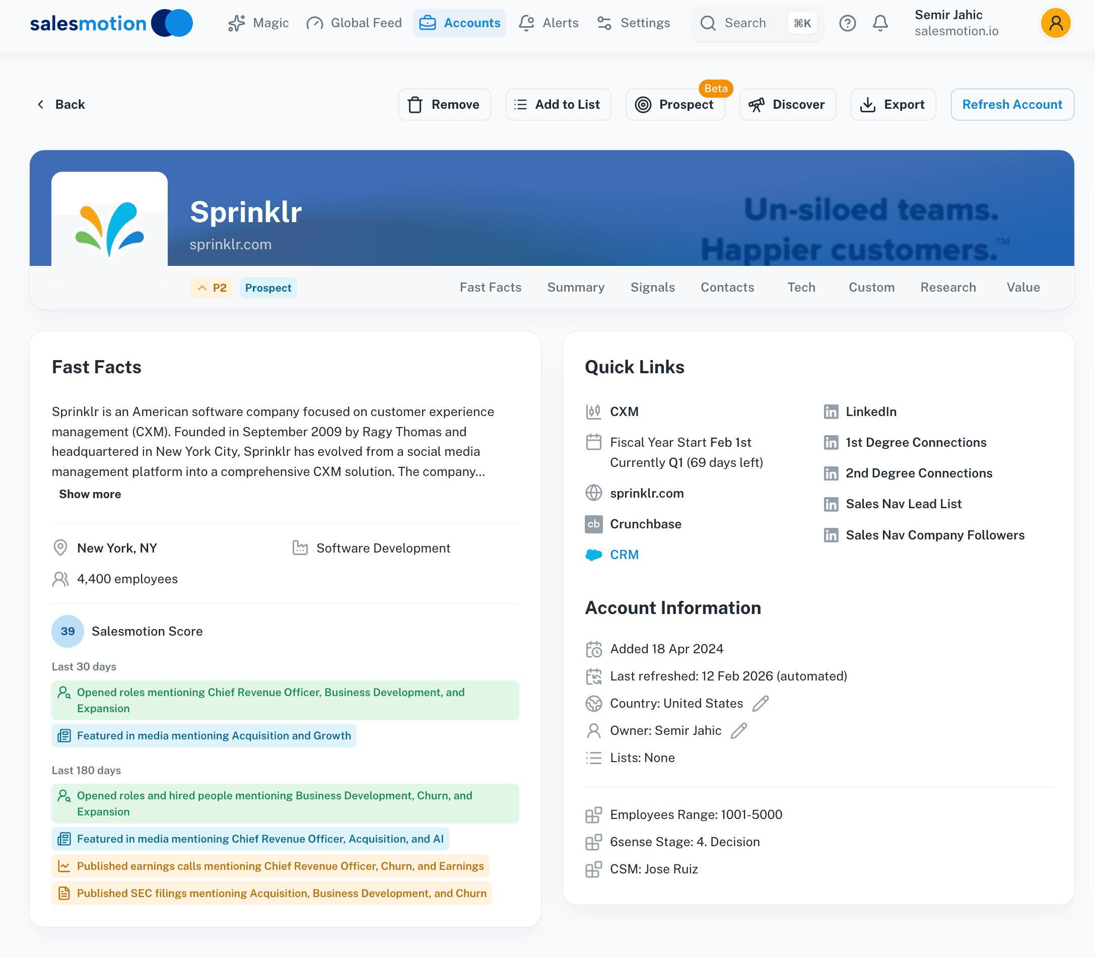 Salesmotion fast facts view showing company overview, key metrics, and recent signals at a glance