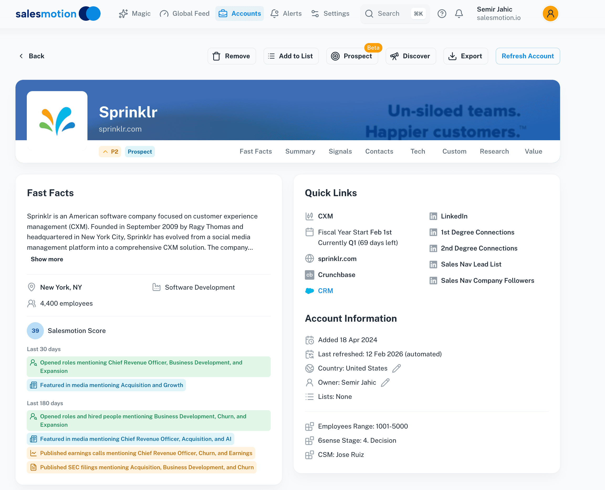 Salesmotion account fast facts and toolbar showing comprehensive account research data