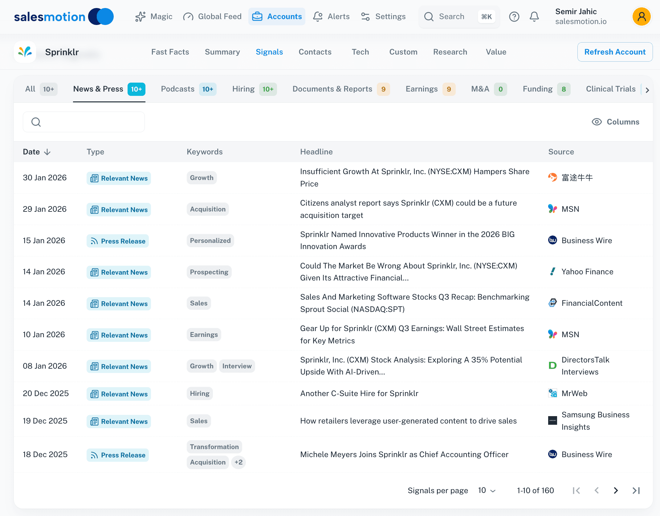 Salesmotion account signals showing news alerts, leadership changes, and strategic announcements for a monitored account