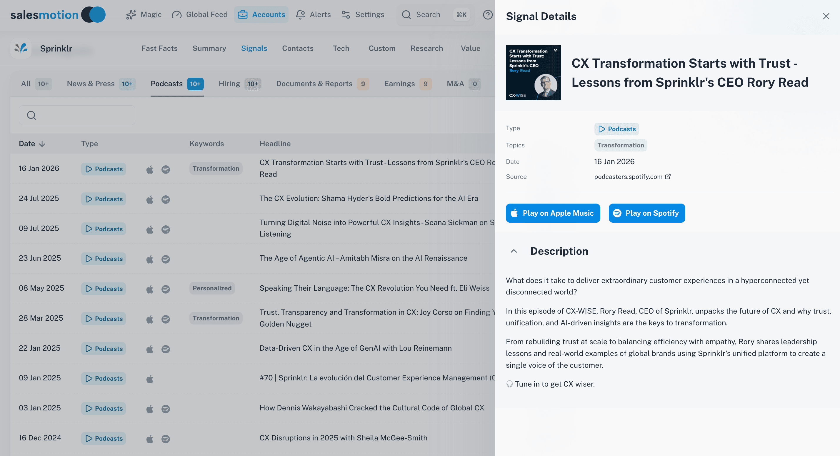 Salesmotion signal detail showing a podcast citation with timestamp and speaker