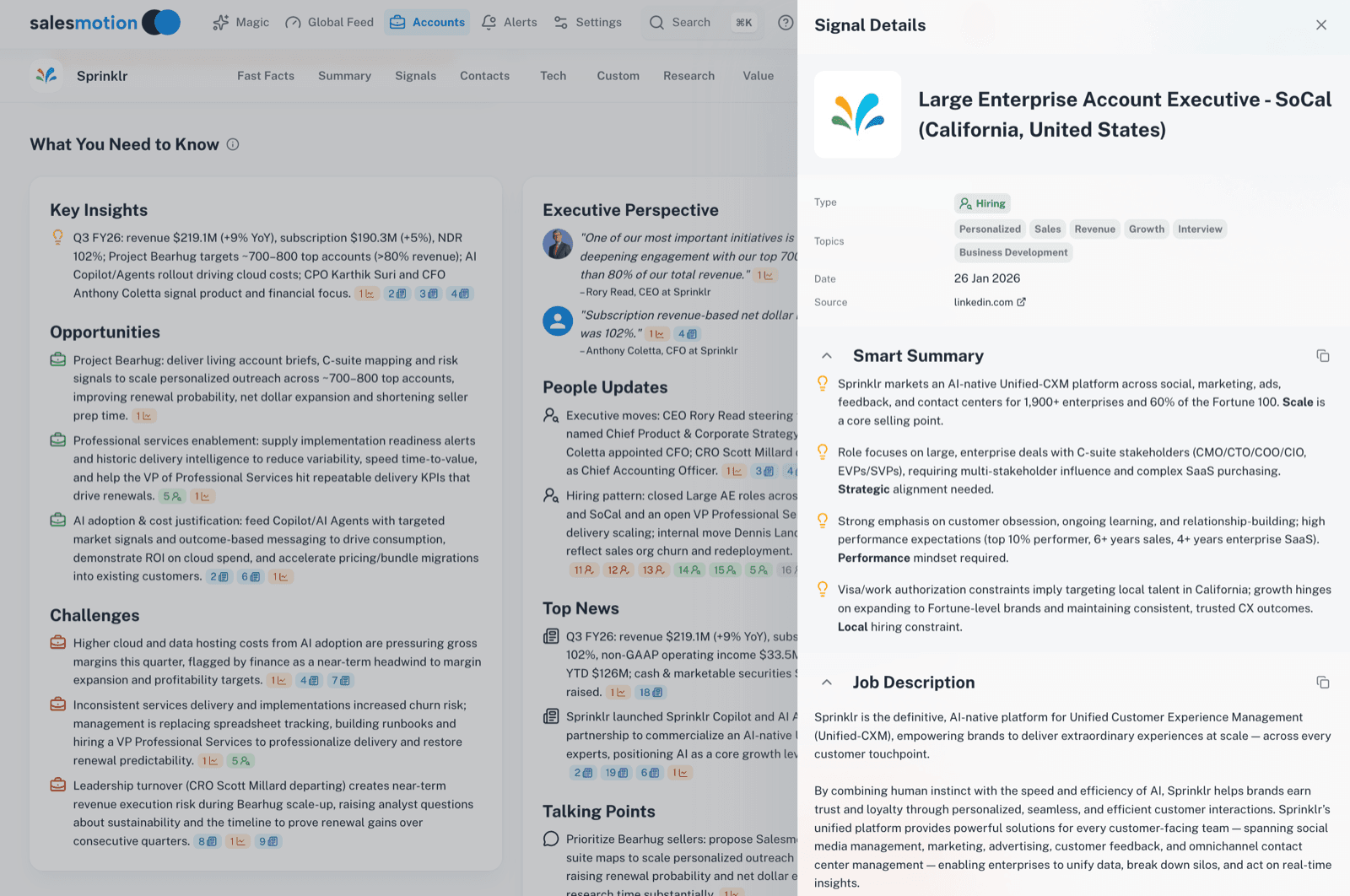 Account view with a hiring signal expanded into a detail panel showing a smart summary and job description analysis for an enterprise account executive role