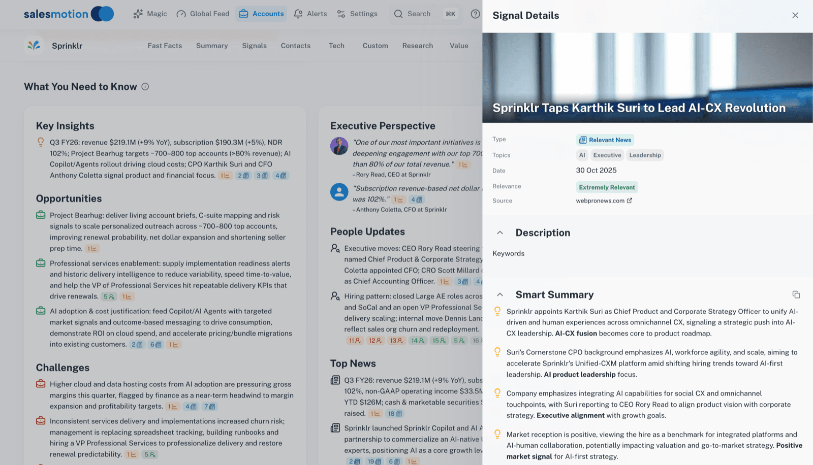 Account intelligence view surfacing news signals, podcast mentions, and competitive moves for a target account