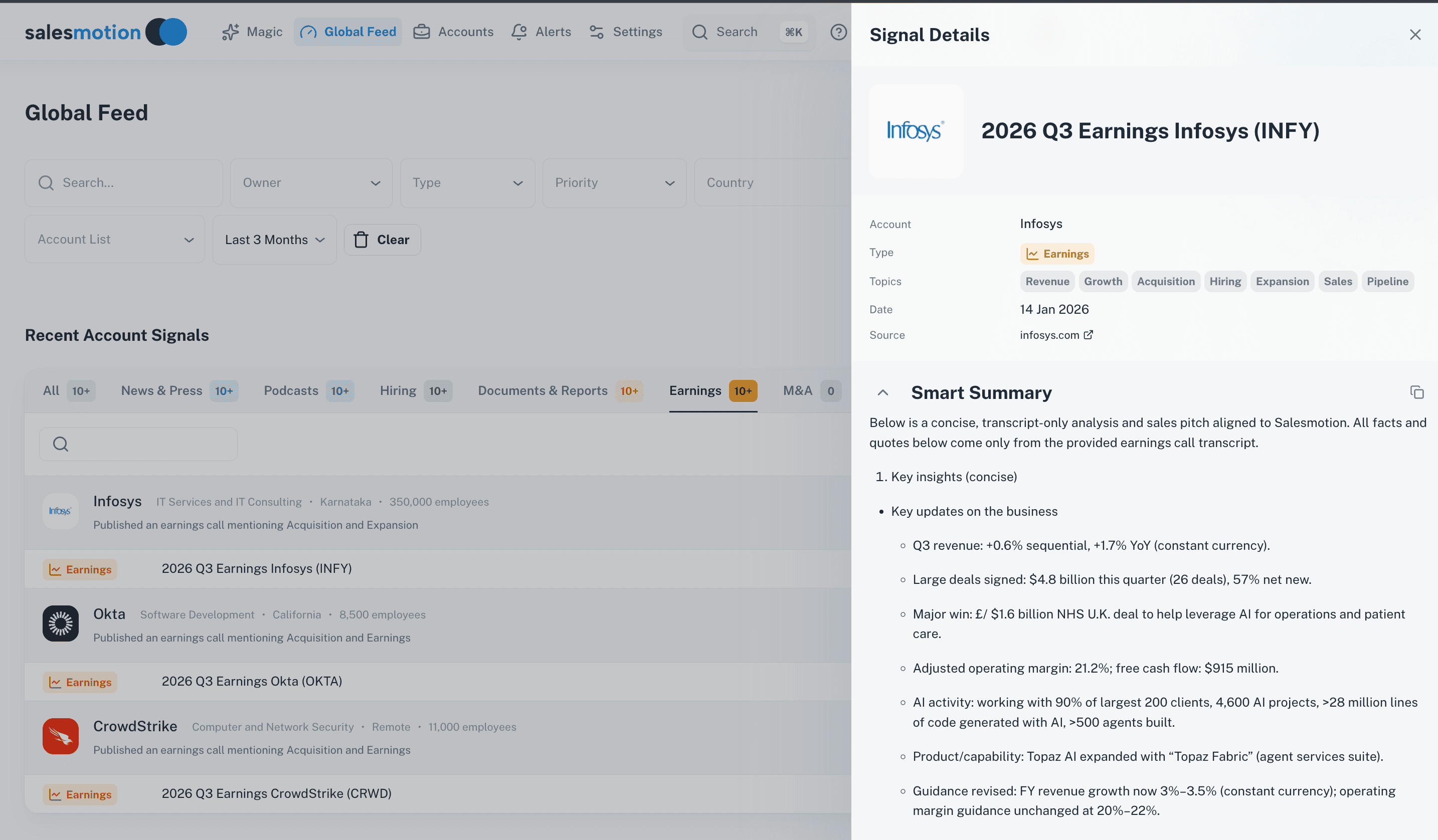 Global Feed showing earnings signal details with key executive commentary highlighted