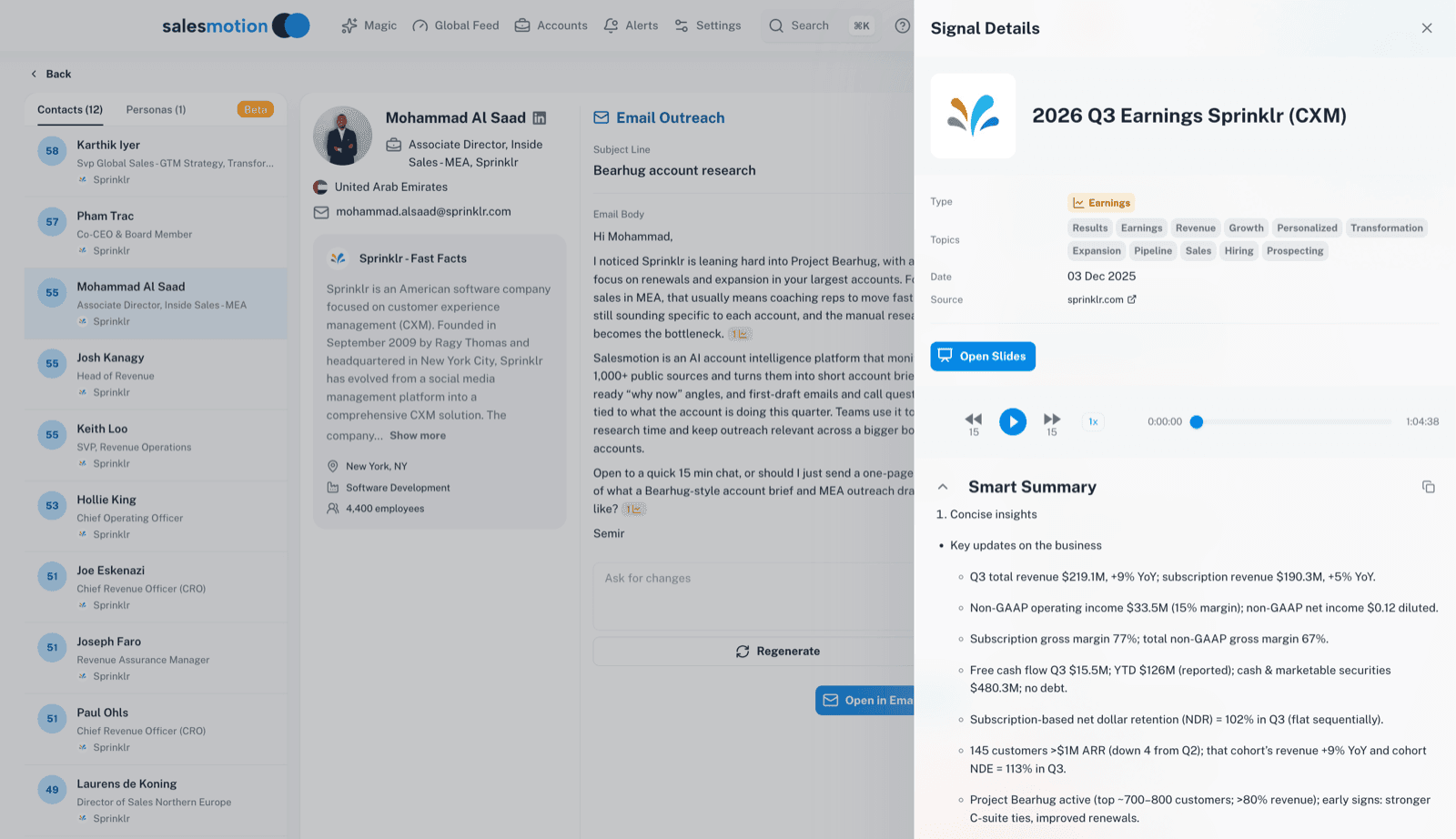 Prospect email showing signal-based outreach with earnings insights woven into personalized messaging