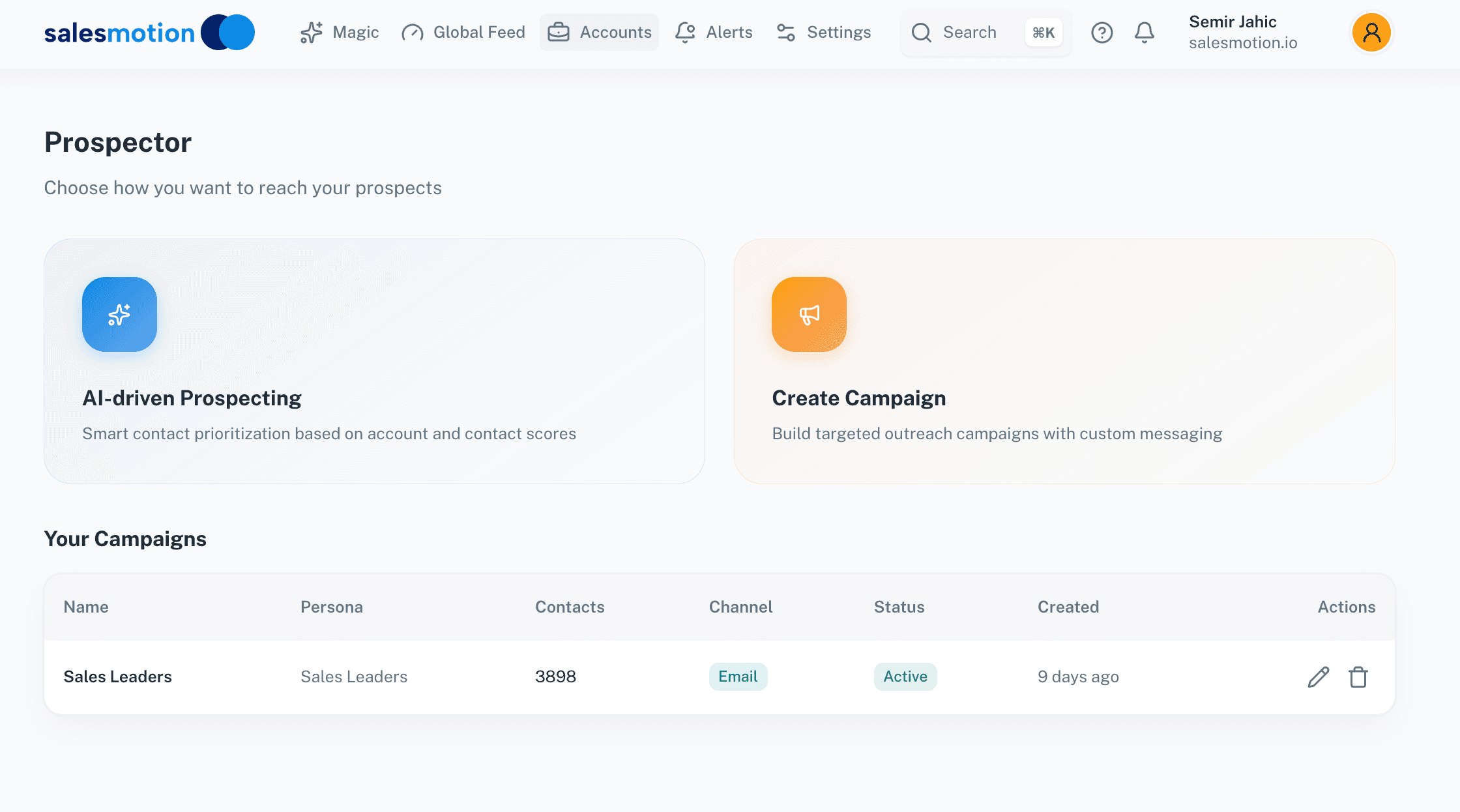 Prospector showing contacts and AI-generated outreach for multi-threading into new departments