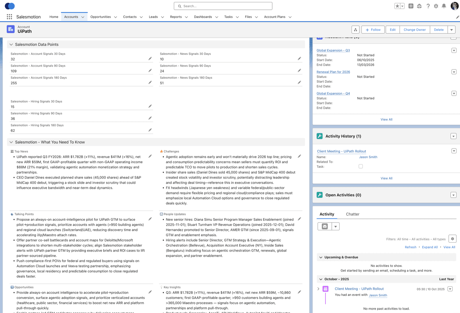 Salesmotion intelligence embedded inside Salesforce showing account signals, research, and talking points within the CRM