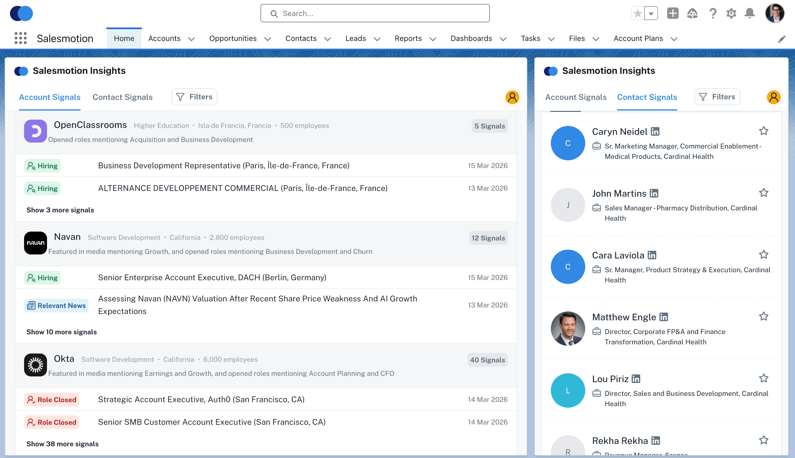 Salesforce view showing intelligence signals and contact data mapped to account fields with activity timeline