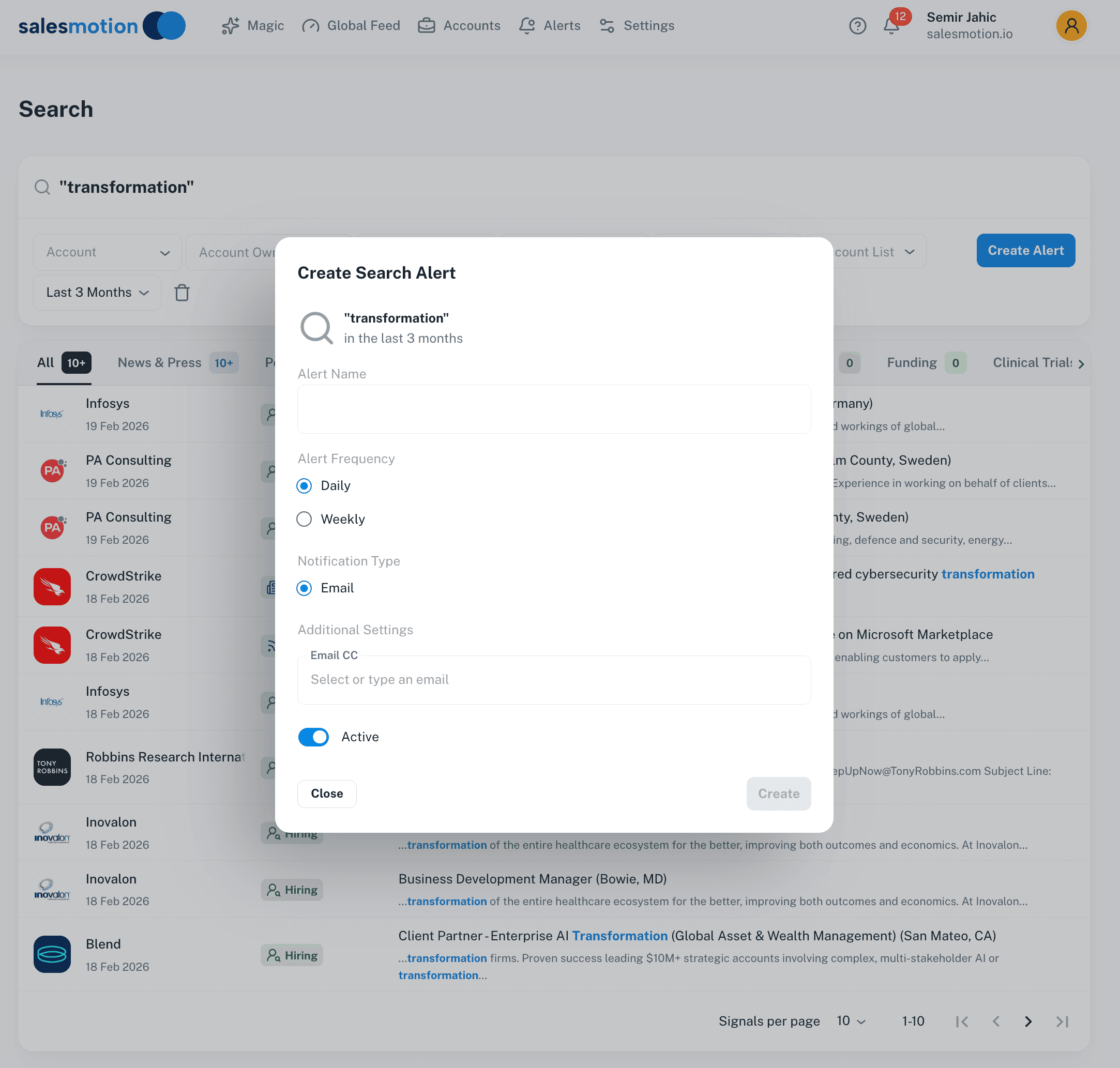 Salesmotion alert configuration showing how teams set up proactive monitoring for leadership changes, hiring signals, and earnings across their territory