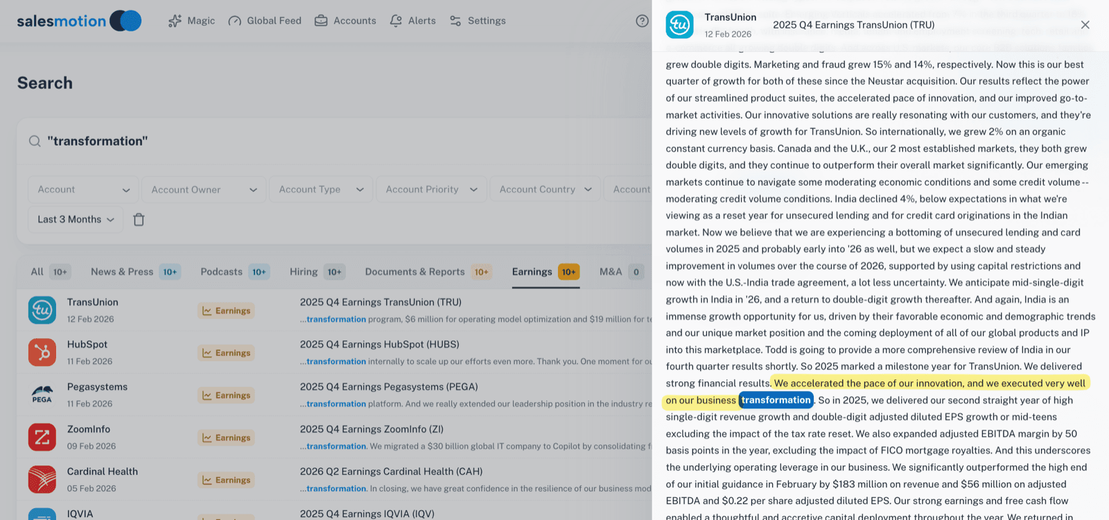 Salesmotion earnings search showing CEO quotes and executive commentary extracted from quarterly earnings calls