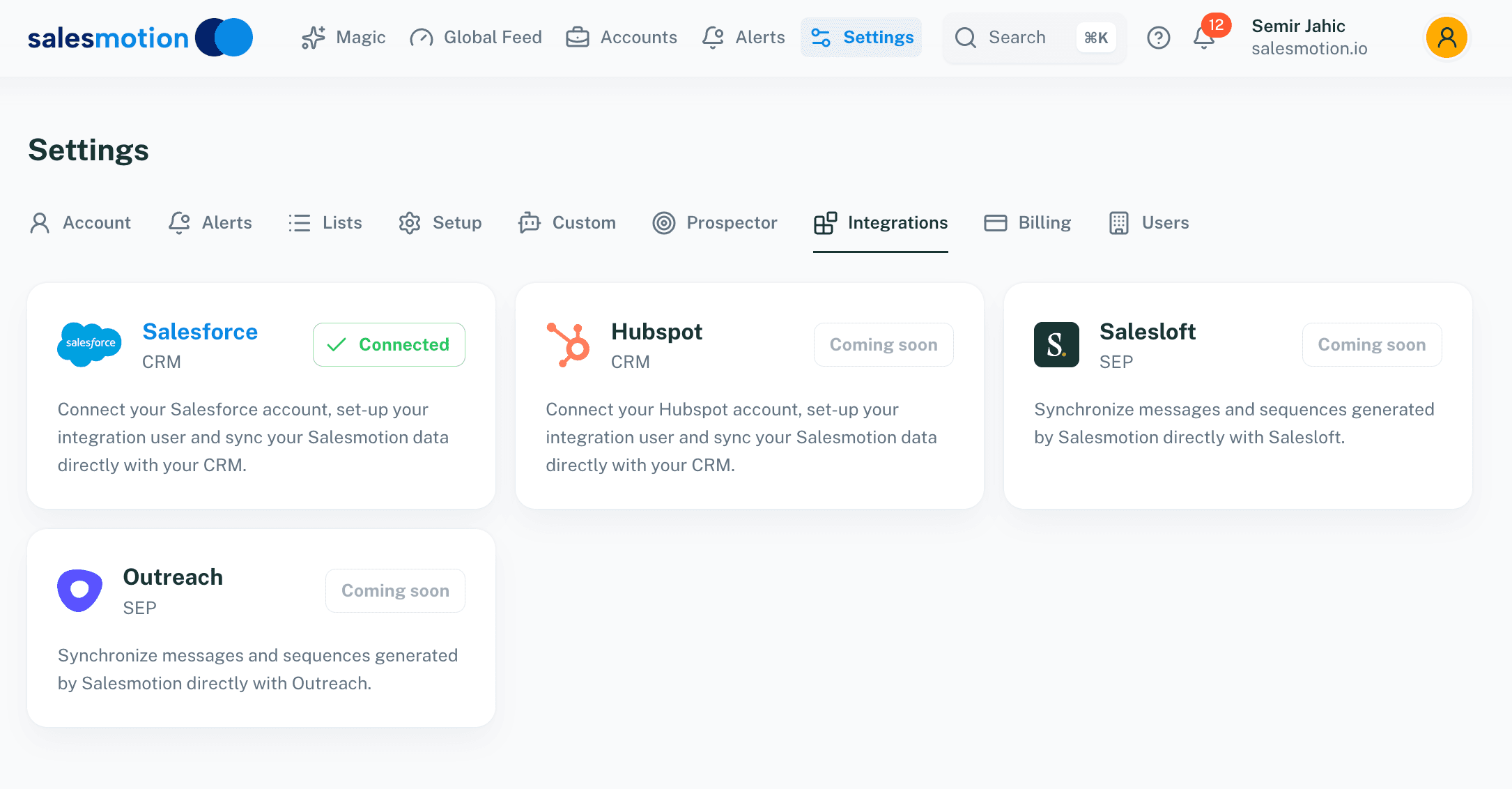 Integration settings showing connected CRM and communication tools
