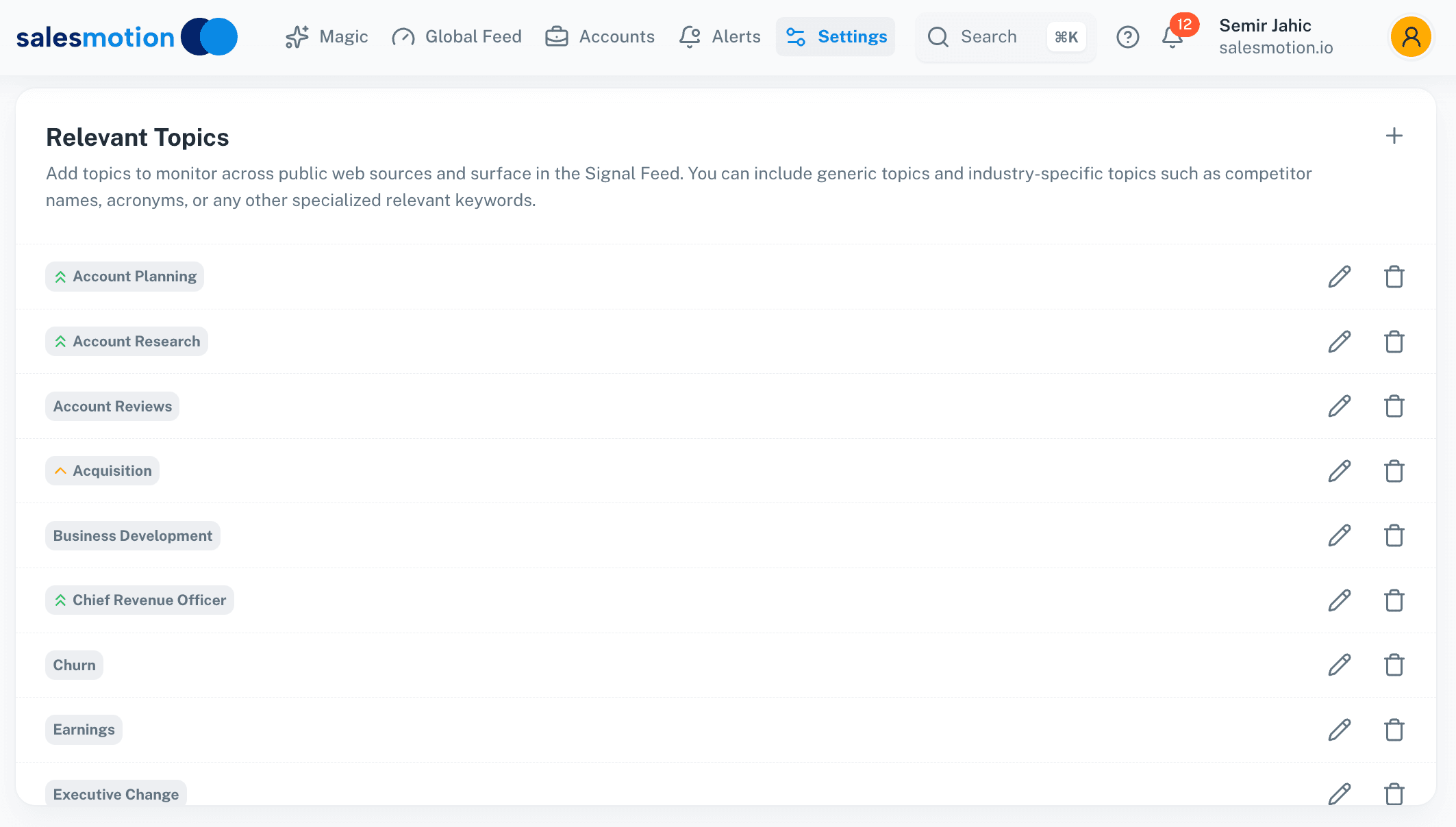 Salesmotion self-service signal topic configuration