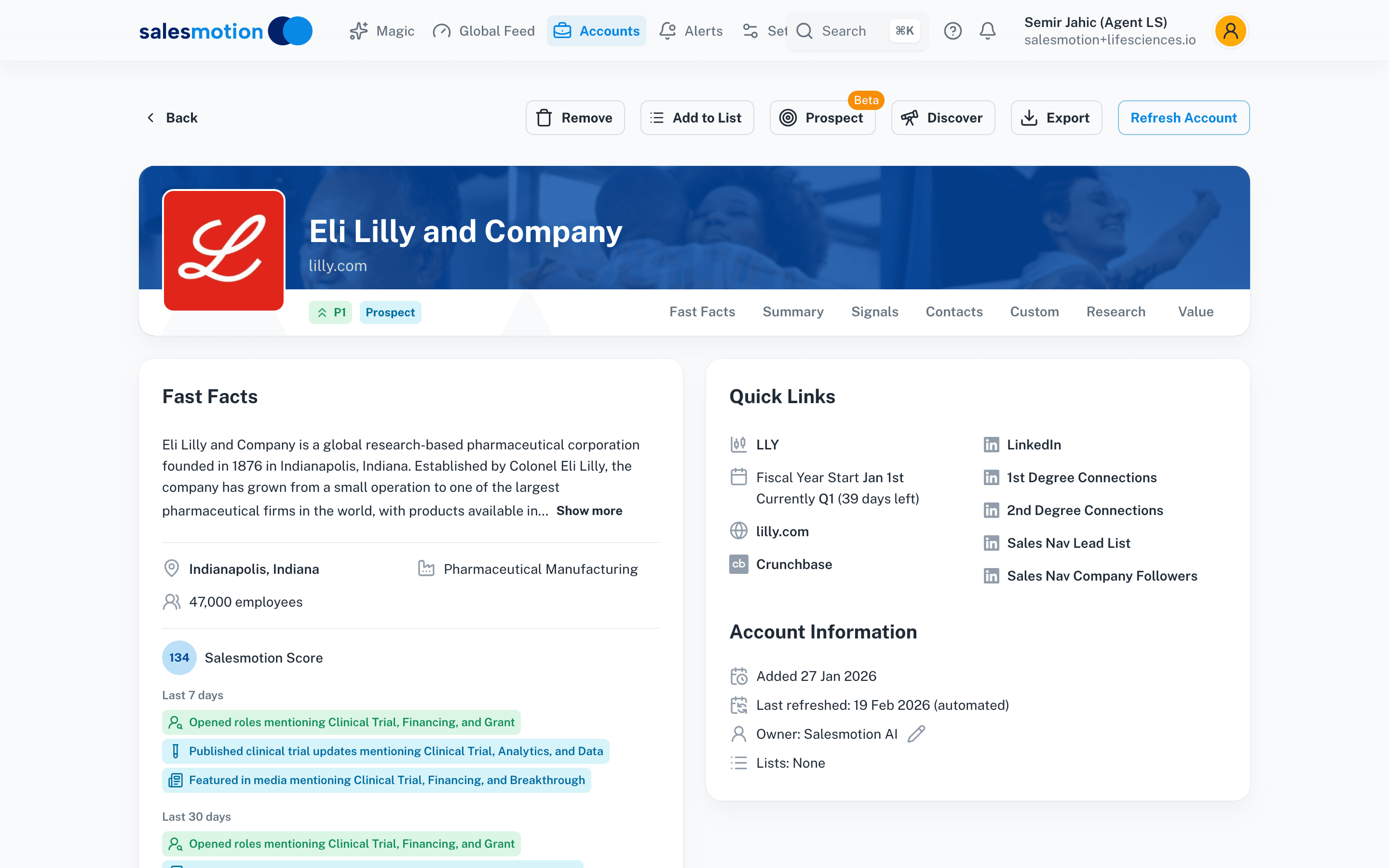 Salesmotion account summary showing AI-generated insights for a life sciences company