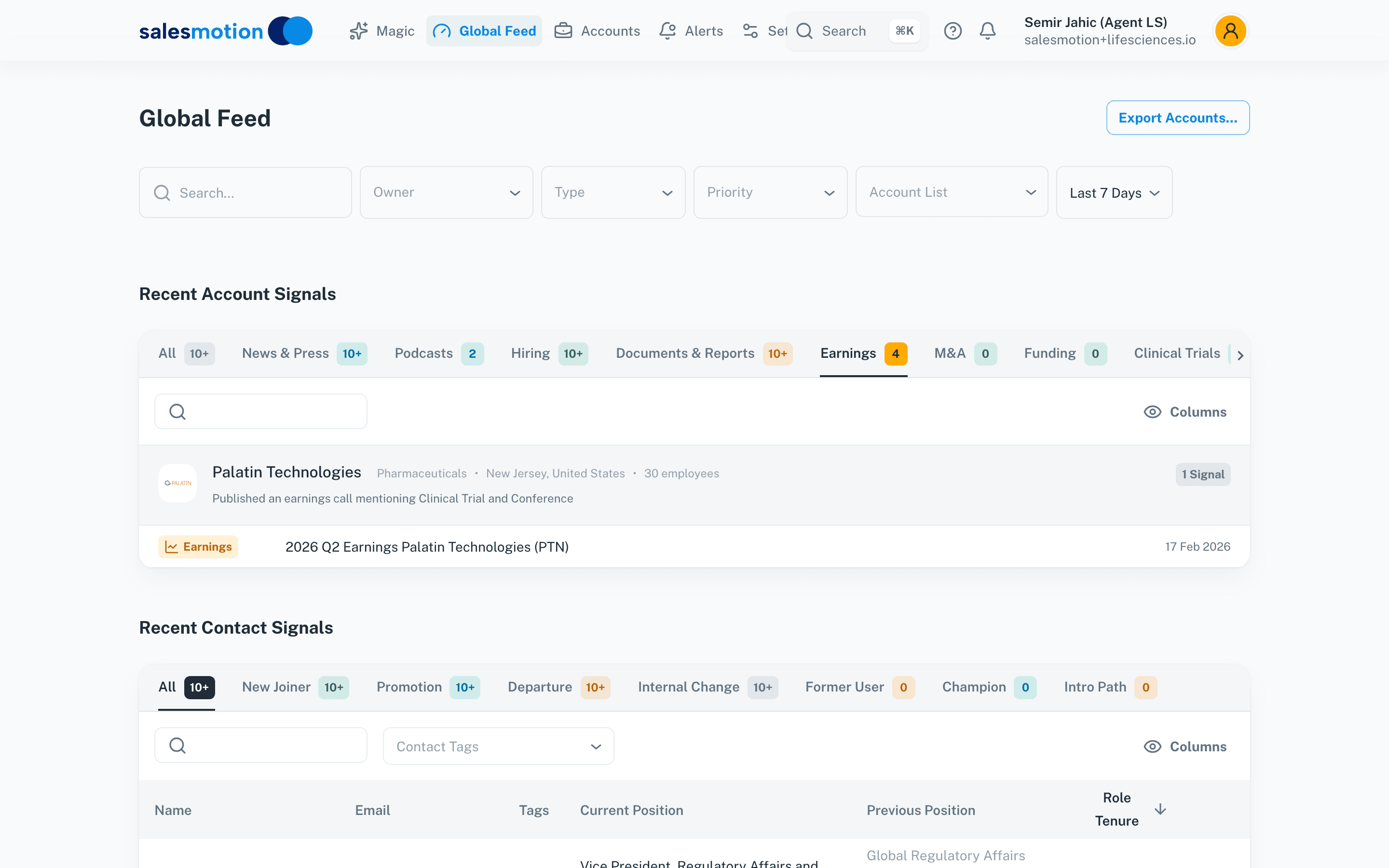 Salesmotion earnings call analysis showing pharma company financial signals and AI-generated talking points