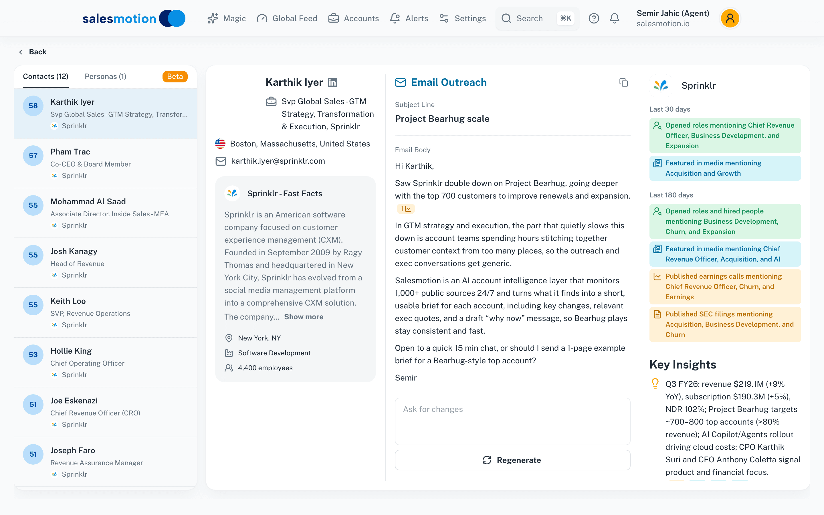 Prospect module showing AI-generated outreach with contact context and account signals for a specific buyer