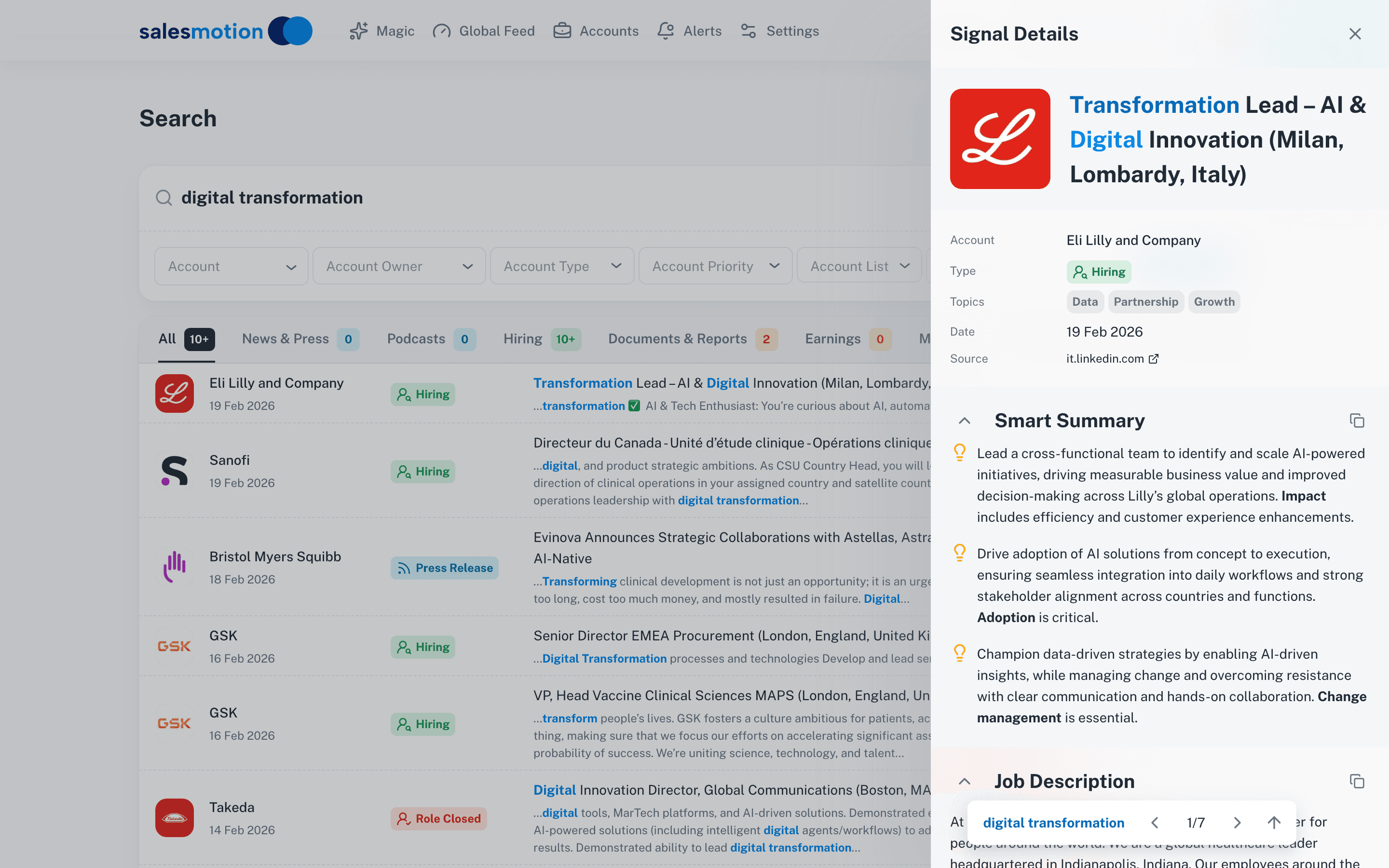 Salesmotion search showing cross-signal results across all monitored accounts with signal type filters and source attribution
