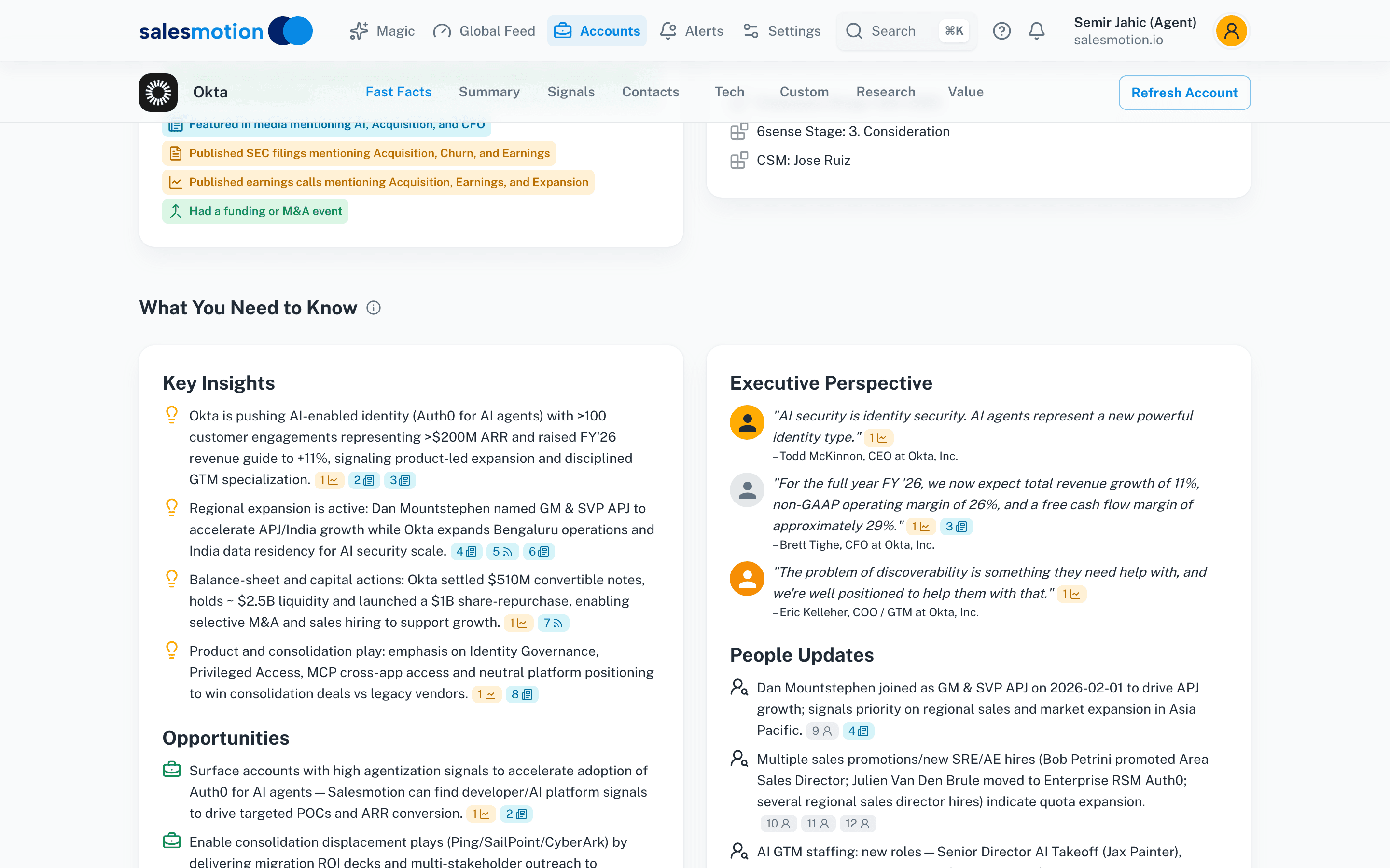 Salesmotion account intelligence showing key insights, executive perspective, people updates, and strategic opportunities