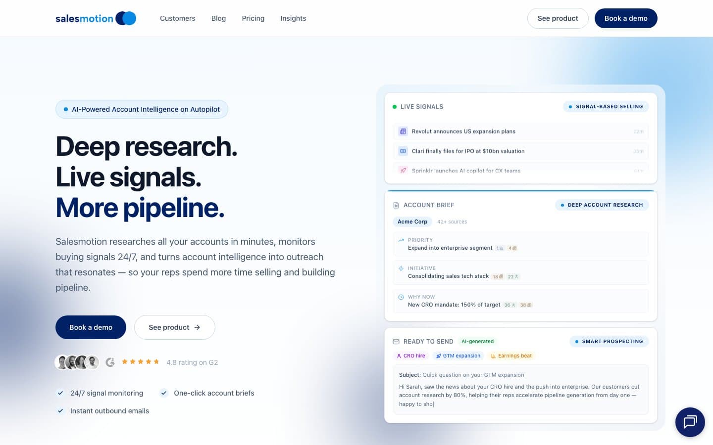 Salesmotion account intelligence platform showing live signals, account briefs, and smart prospecting