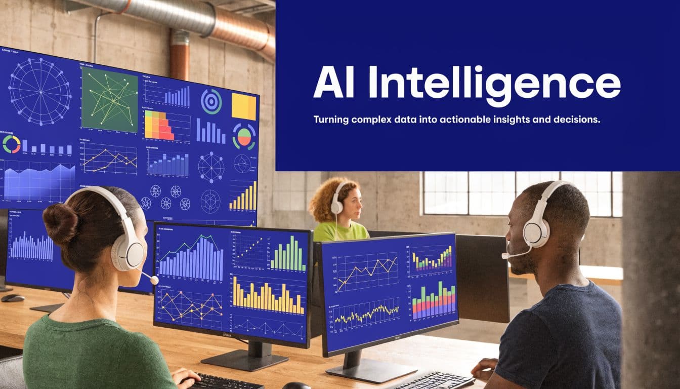 A diverse team works in a modern office, analyzing data visualizations on computer screens for business insights.