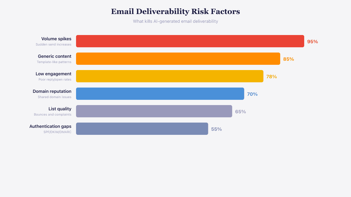 Email deliverability risk factors ranked by impact including volume spikes, generic content, and low engagement