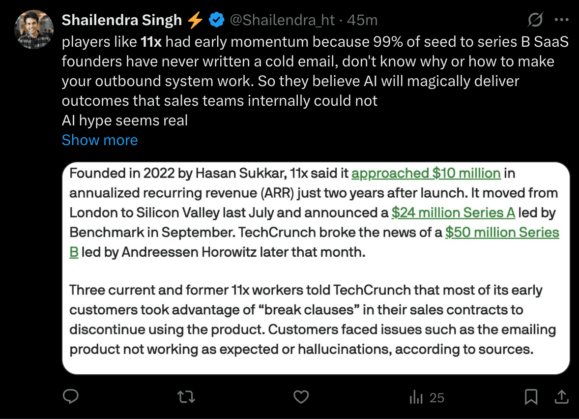 LinkedIn post by Shailendra Singh explaining why AI SDRs gained early momentum despite limitations