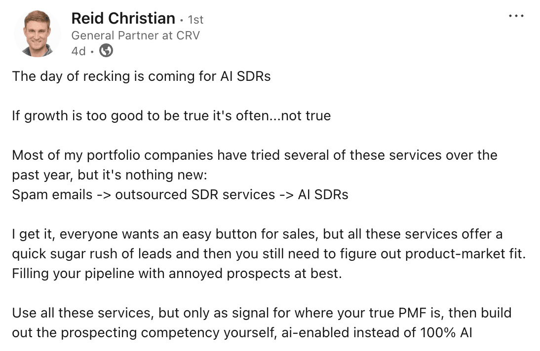 LinkedIn post by Reid Christian of CRV warning that a day of reckoning is coming for AI SDRs
