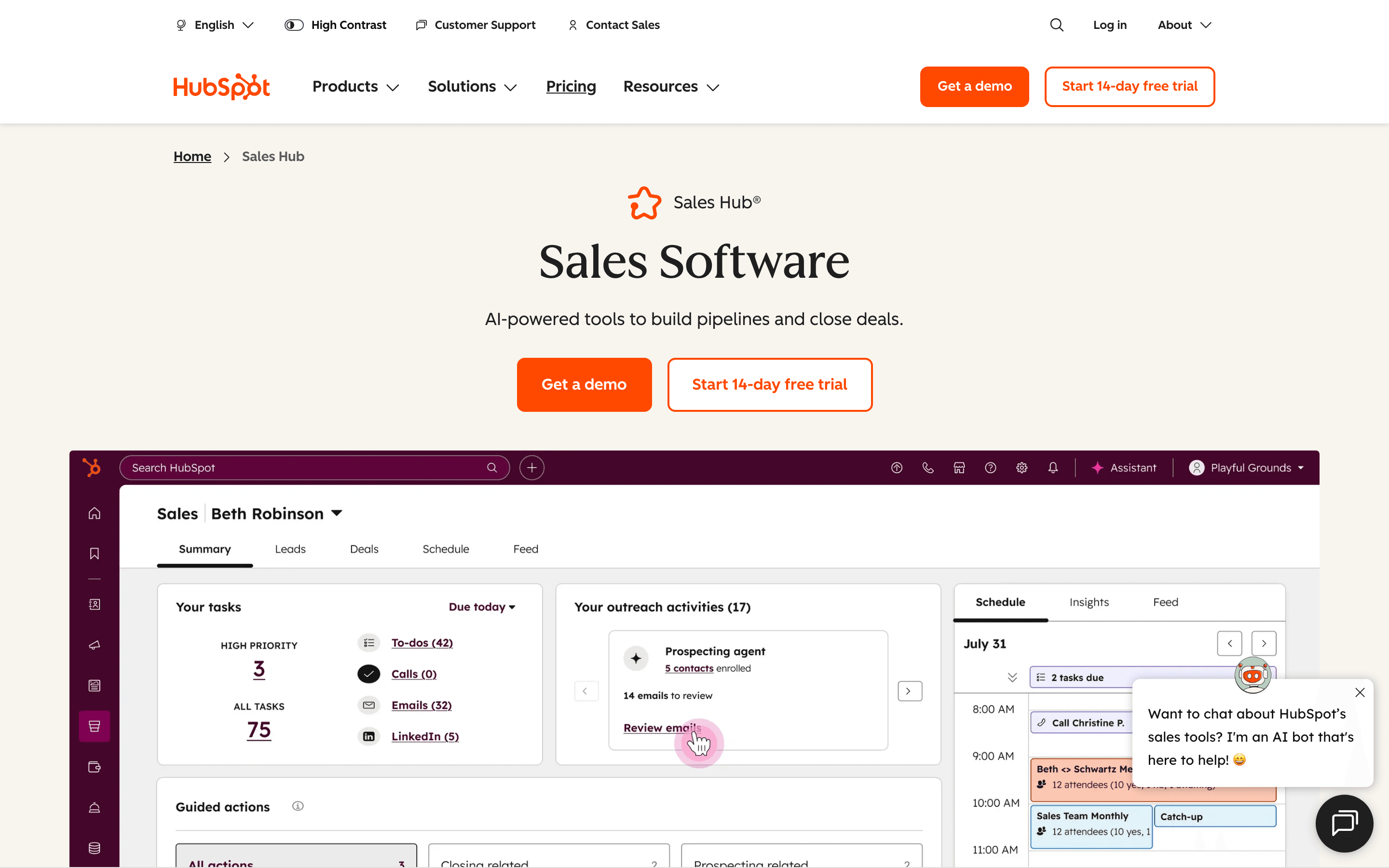 HubSpot Sales Hub homepage