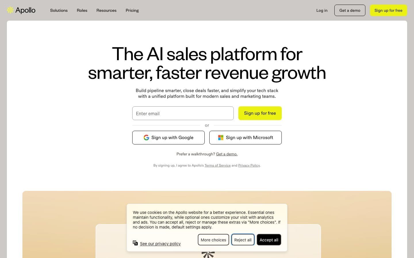 Apollo homepage showing its AI sales platform for smarter, faster revenue growth