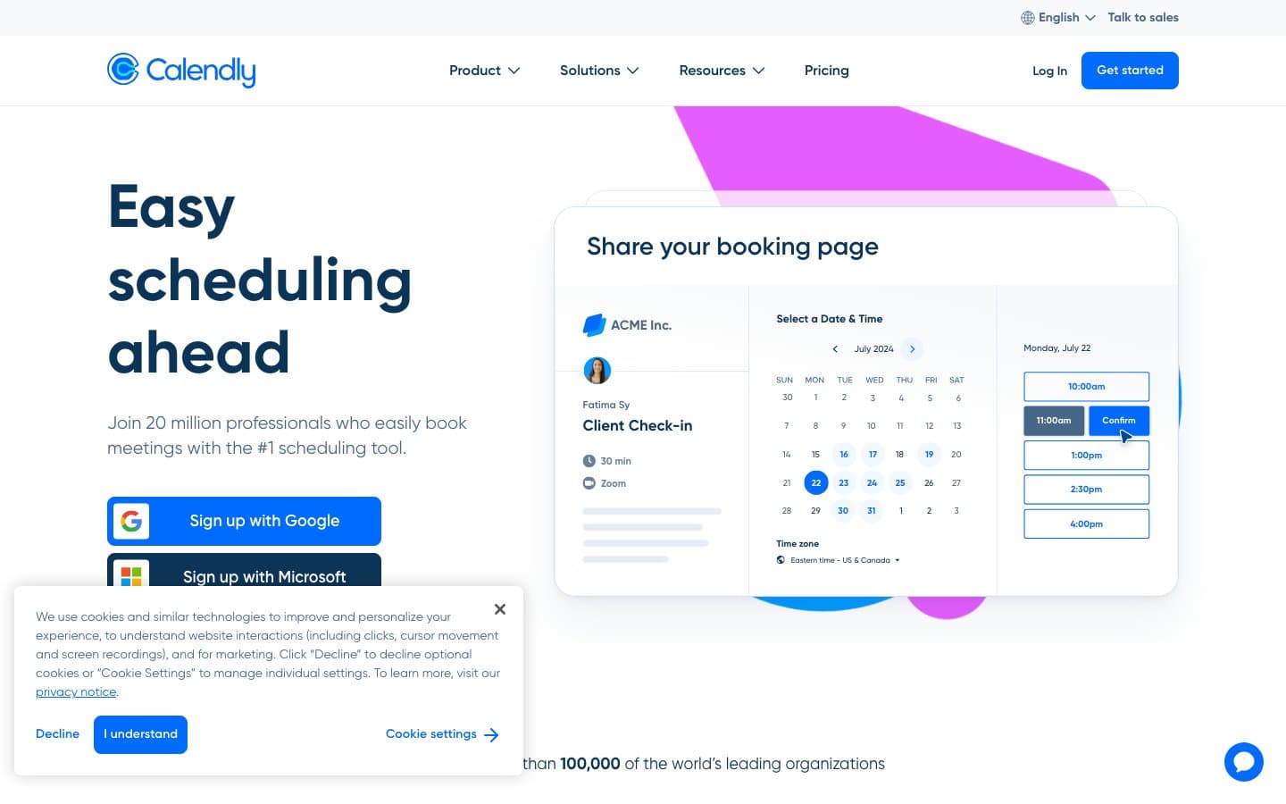 Calendly homepage showing easy scheduling with booking page, calendar, and time slot selection
