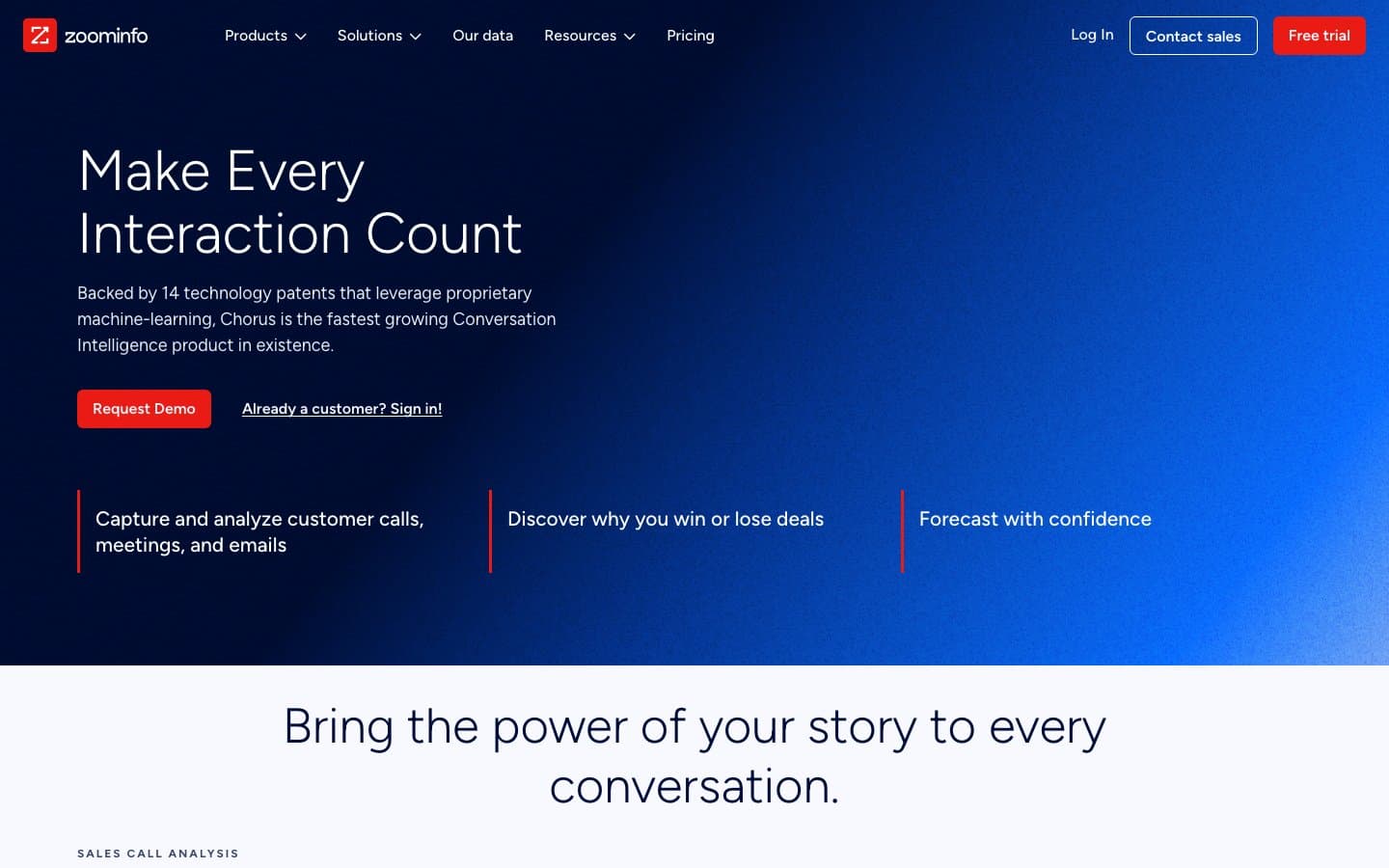 Chorus by ZoomInfo page showing conversation intelligence integrated with ZoomInfo data
