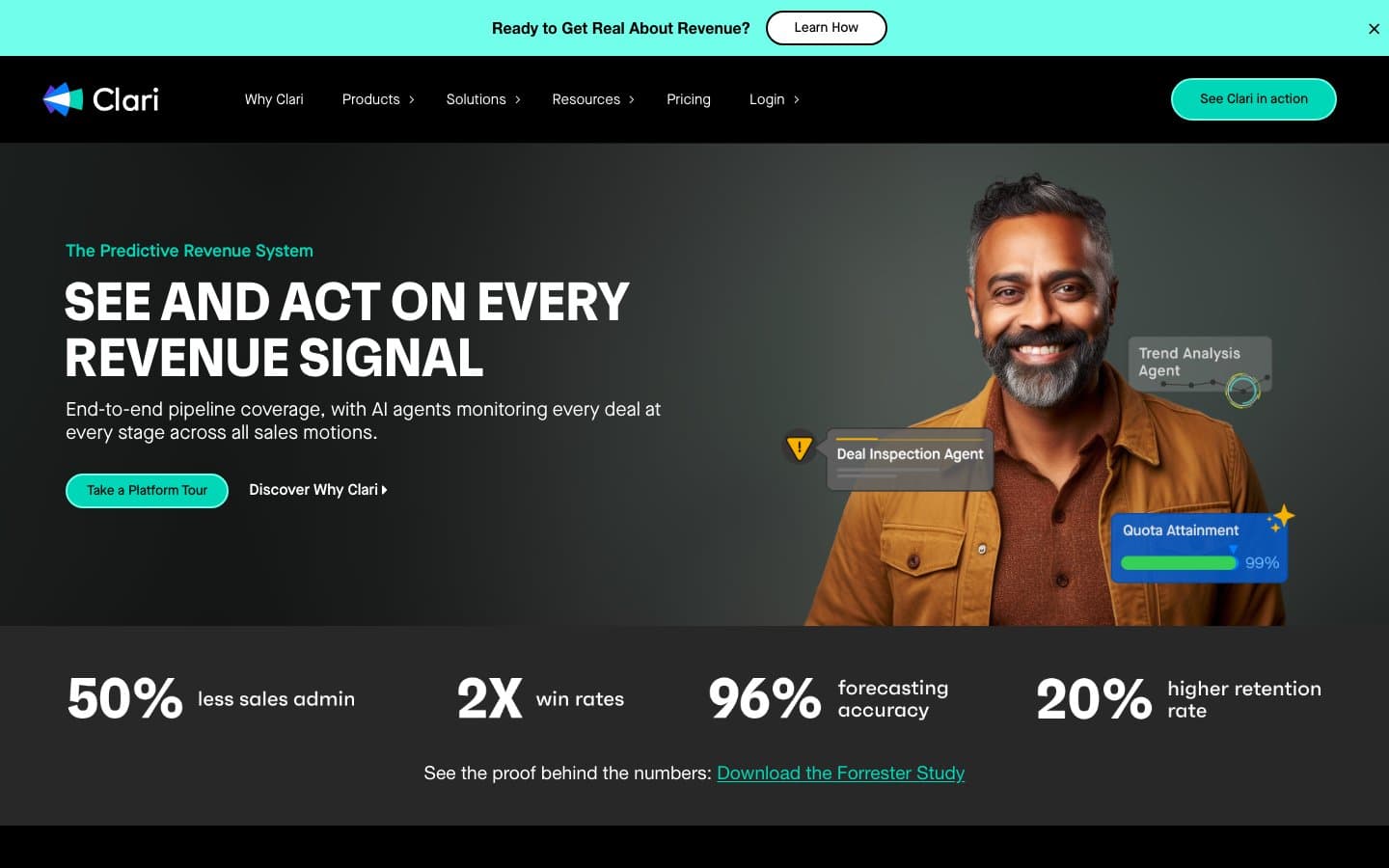 Clari homepage showing its predictive revenue system with AI agents monitoring every deal