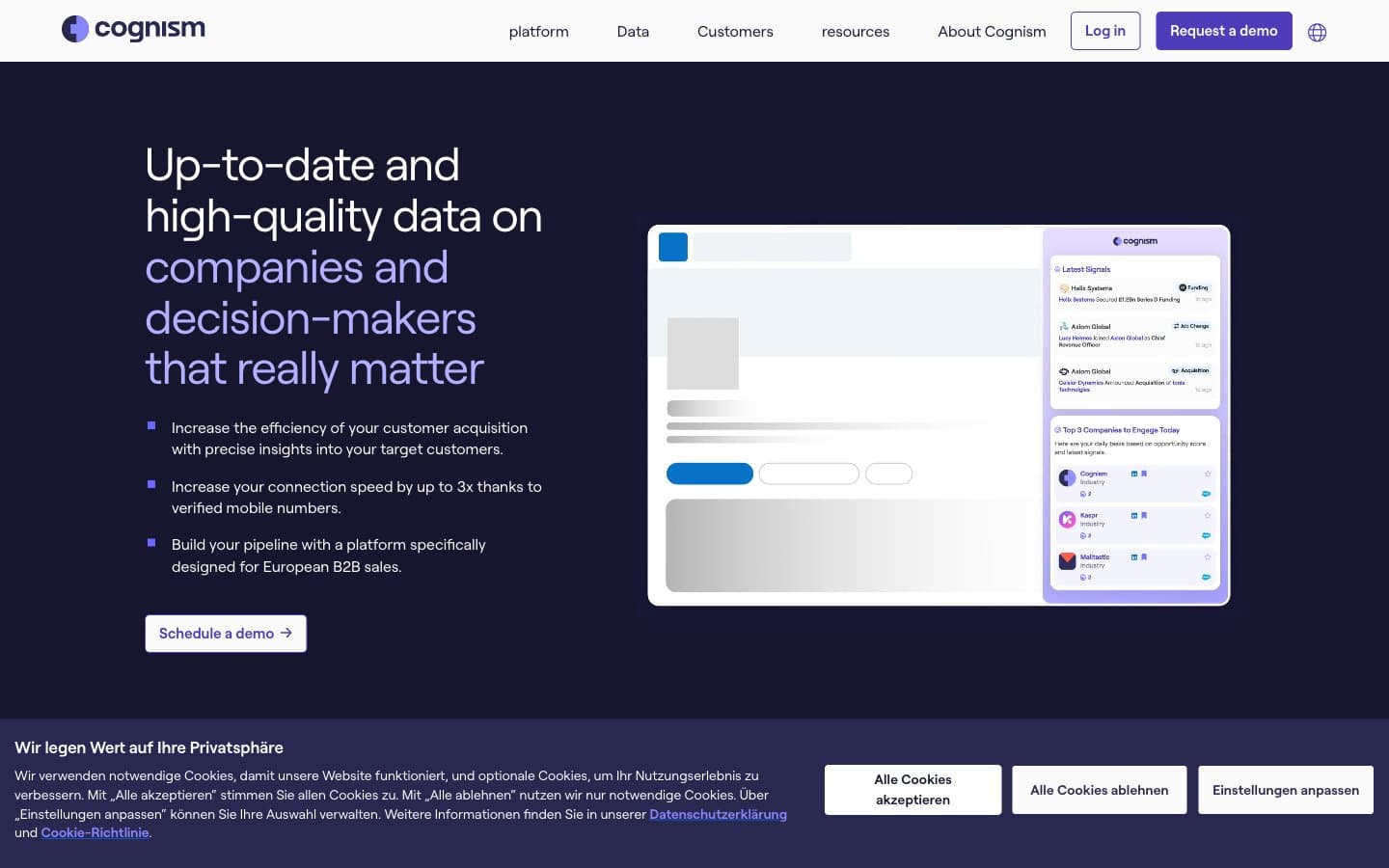 Cognism homepage featuring high-quality data on companies and decision-makers for European B2B sales