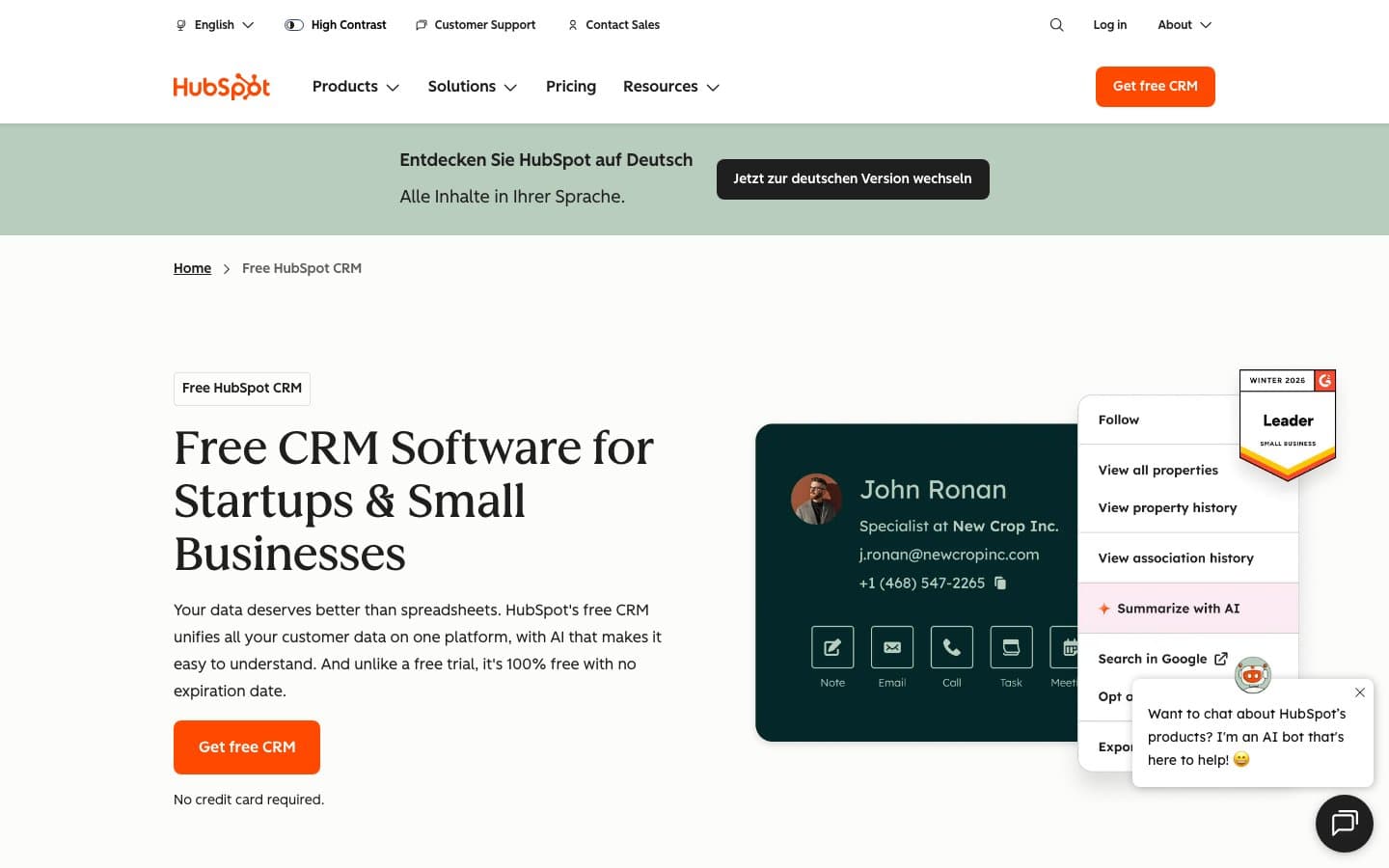 HubSpot CRM page showing its free CRM software with contact management and AI features