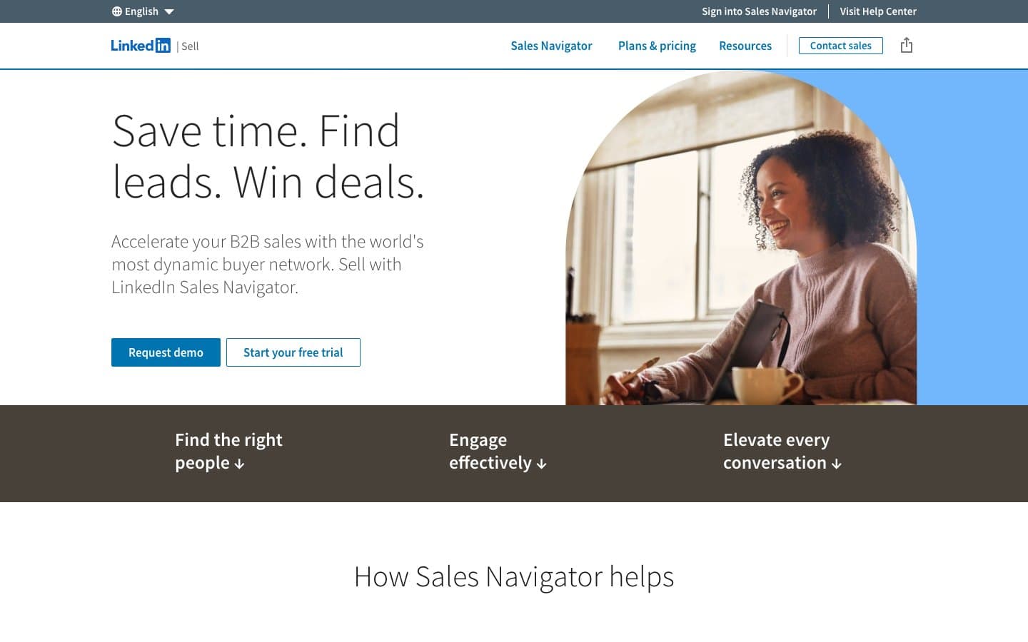 LinkedIn Sales Solutions page promoting Sales Navigator for relationship-based selling