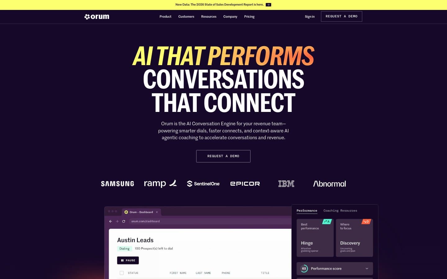 Orum homepage showcasing its AI-powered live conversation platform for sales teams