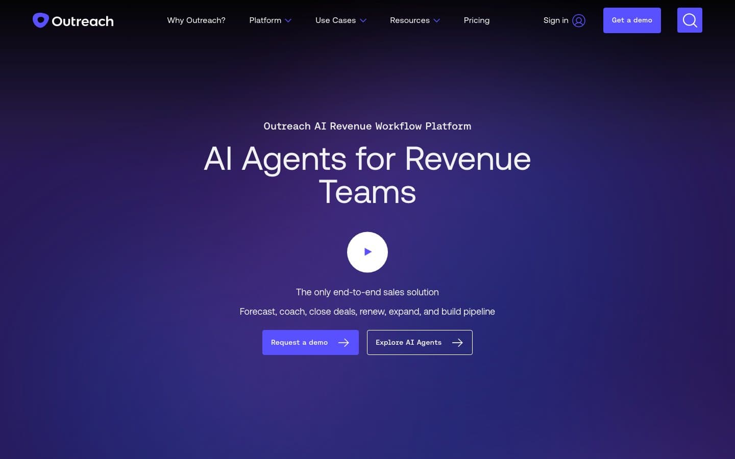 Outreach homepage featuring AI agents for revenue teams with demo and exploration options