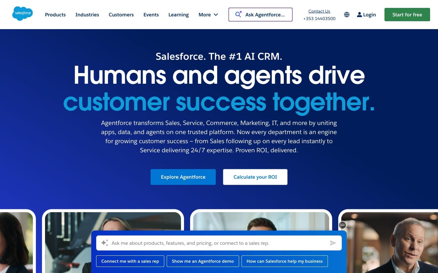 Salesforce homepage promoting its AI CRM platform with Agentforce for customer success