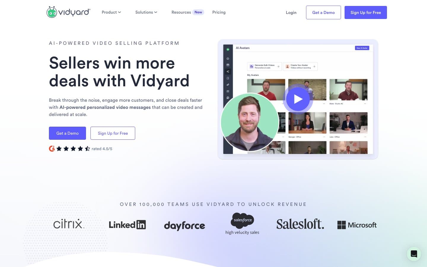 Vidyard homepage promoting its video messaging platform for sales prospecting