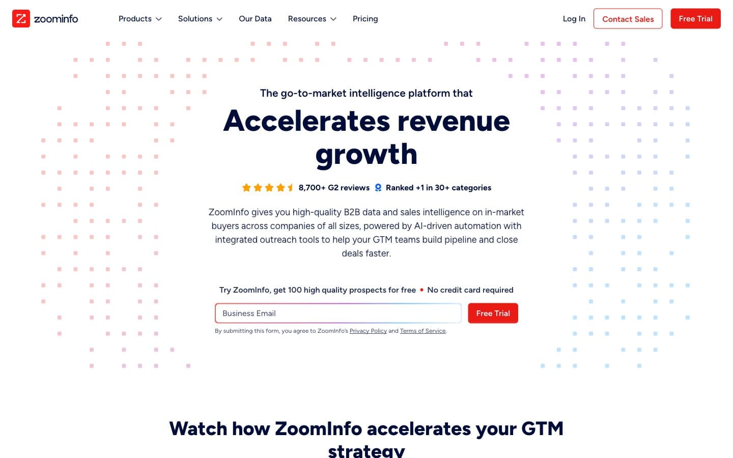 ZoomInfo homepage highlighting its go-to-market intelligence platform with 8,700+ G2 reviews