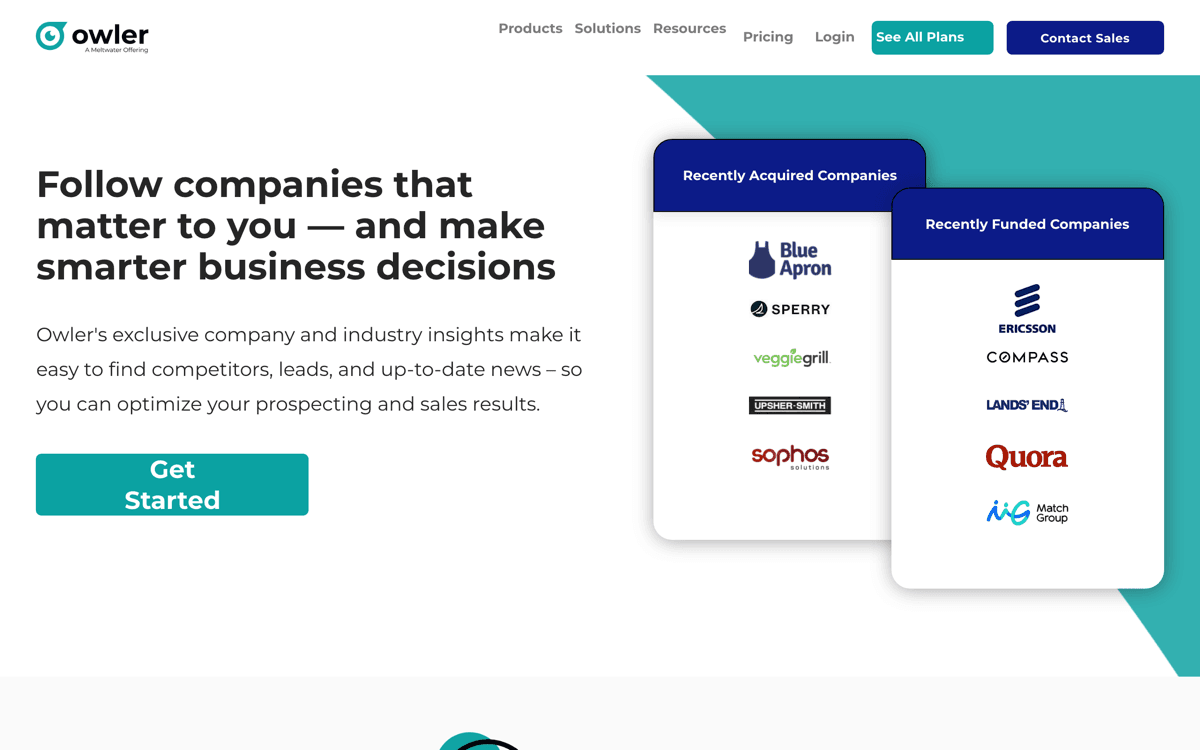 Owler homepage showing company-following features for competitive news and prospecting
