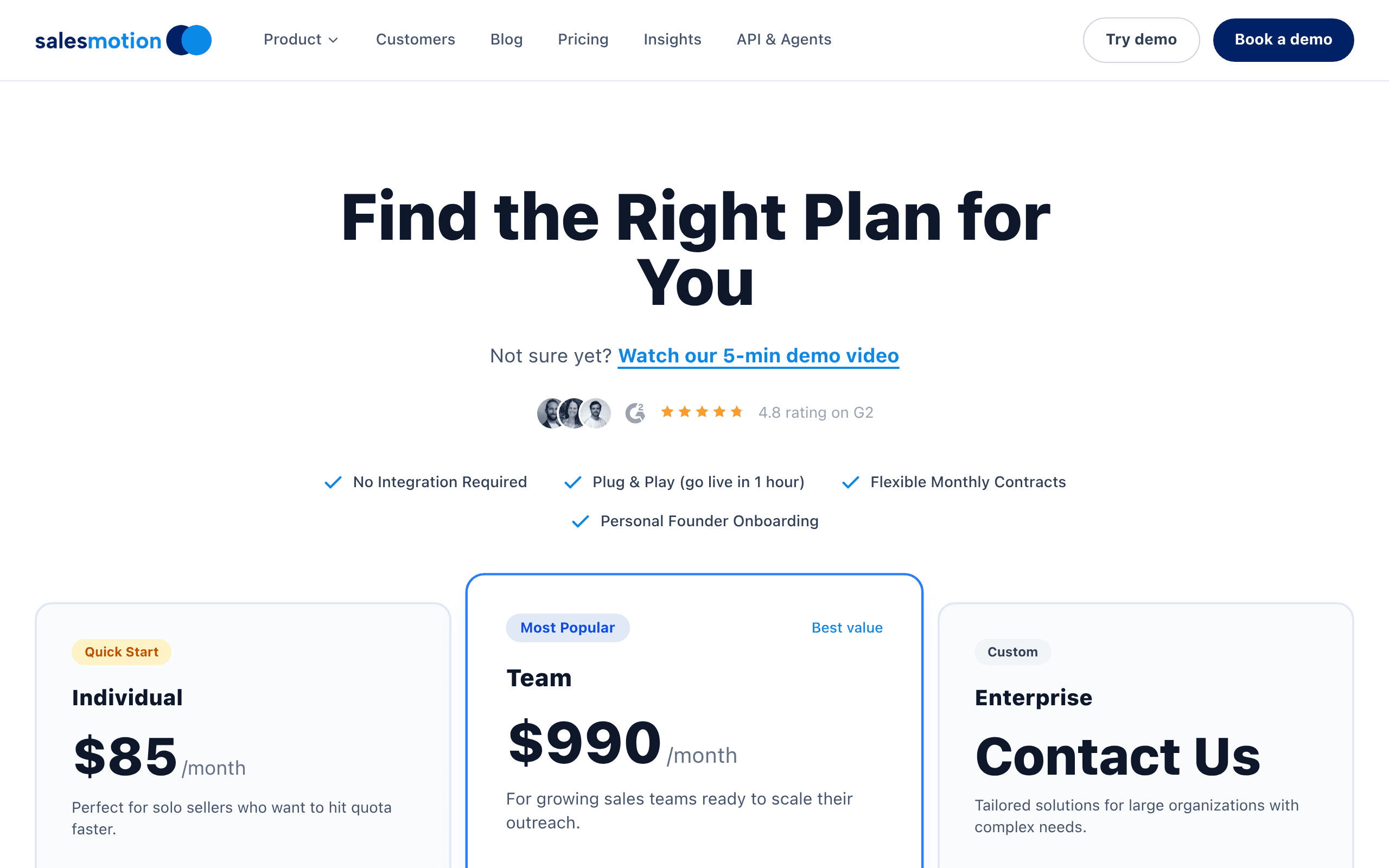 Salesmotion pricing page showing Individual plan at $85/month and custom Team plans with unlimited users