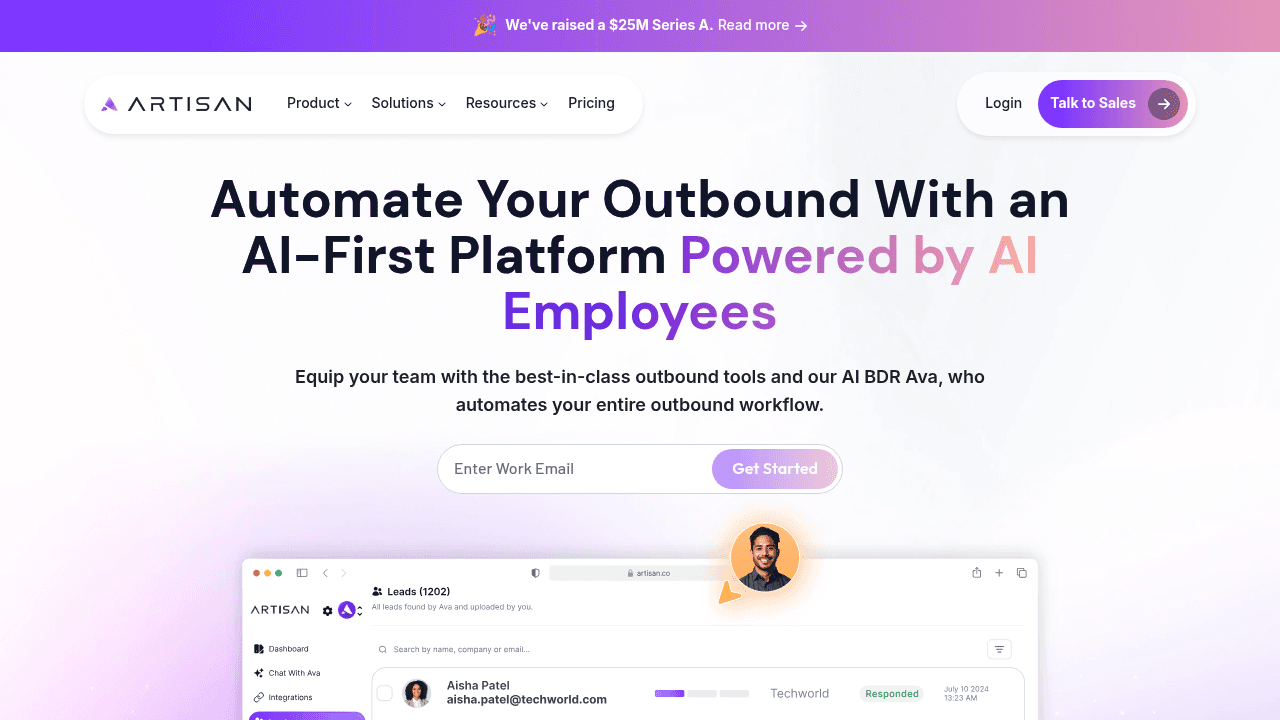 Artisan platform with autonomous AI BDR agent Ava for prospecting and outreach
