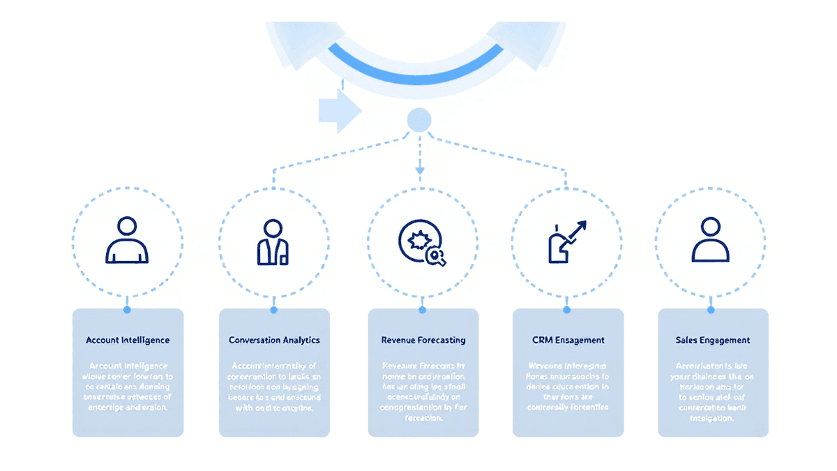 Infographic showing five enterprise sales tool categories in a horizontal workflow: Account Intelligence, Conversation Analytics, Revenue Forecasting, Sales Engagement, and CRM